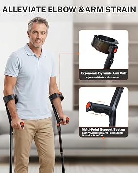 Forearm Crutches for Adults, Foldable & Height Adjustable Arm Elbow Crutches (1 Pair), Lightweight Elbow Crutches with 45 Rotatable Cuff & Soft TPR Grip, Muletas para Adultos