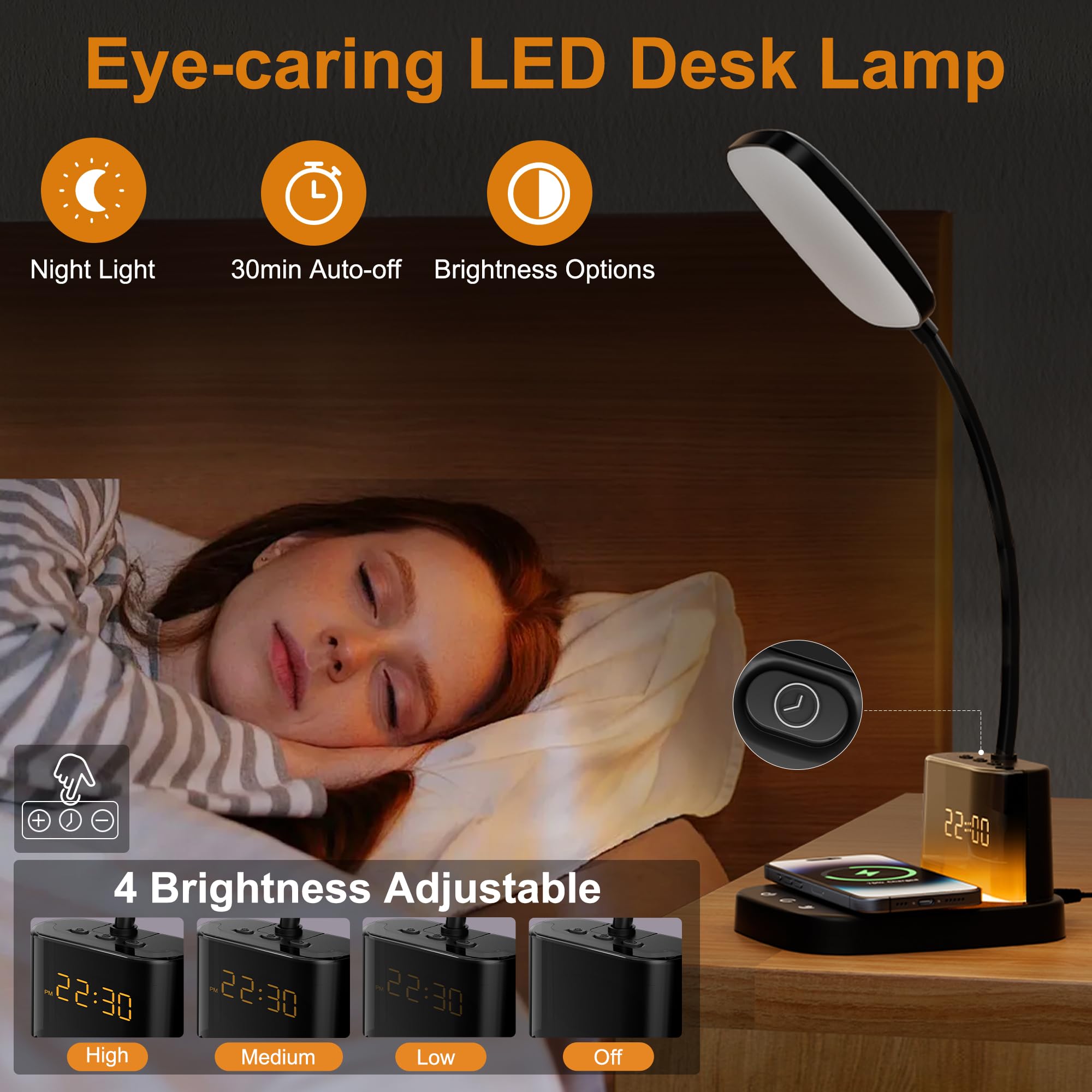 Schreibtischlampe, Nachttischlampen mit kabellosem Ladegerät und Uhr, 30 Minuten automatische Abschaltung, Nachtlichtlampe, 3 Farbmodi, dimmbar, Touch, 800 lm, CRI 95, LED-Schreibtischlampen