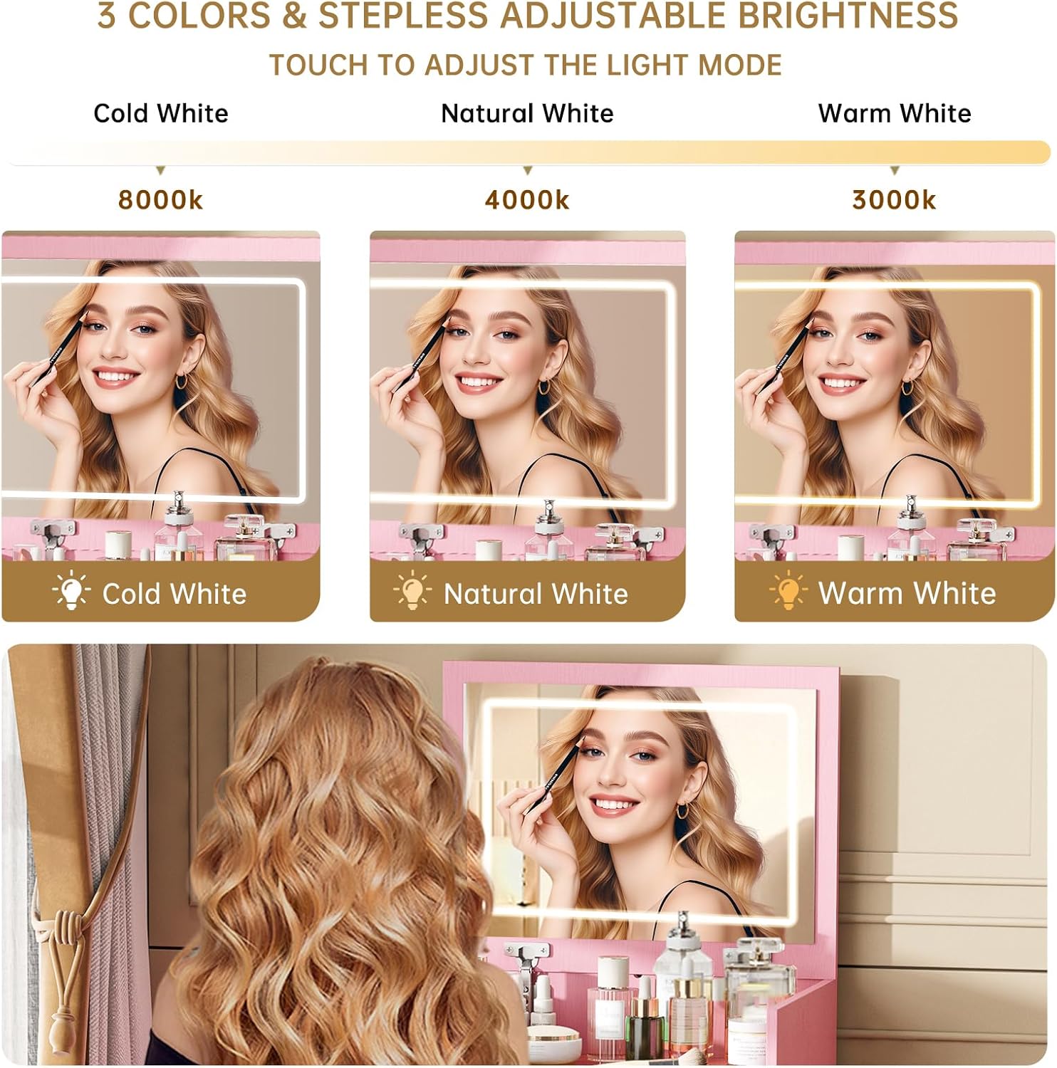 3-in-1 Vanity with Mirror and Lights, Modern Compact Vanity Table with 3 Storage Drawer, Small Makeup Vanity Desk, Dressing Table with Cushioned Stool for Bedroom, Cloakroom (Flip vanity Pink)