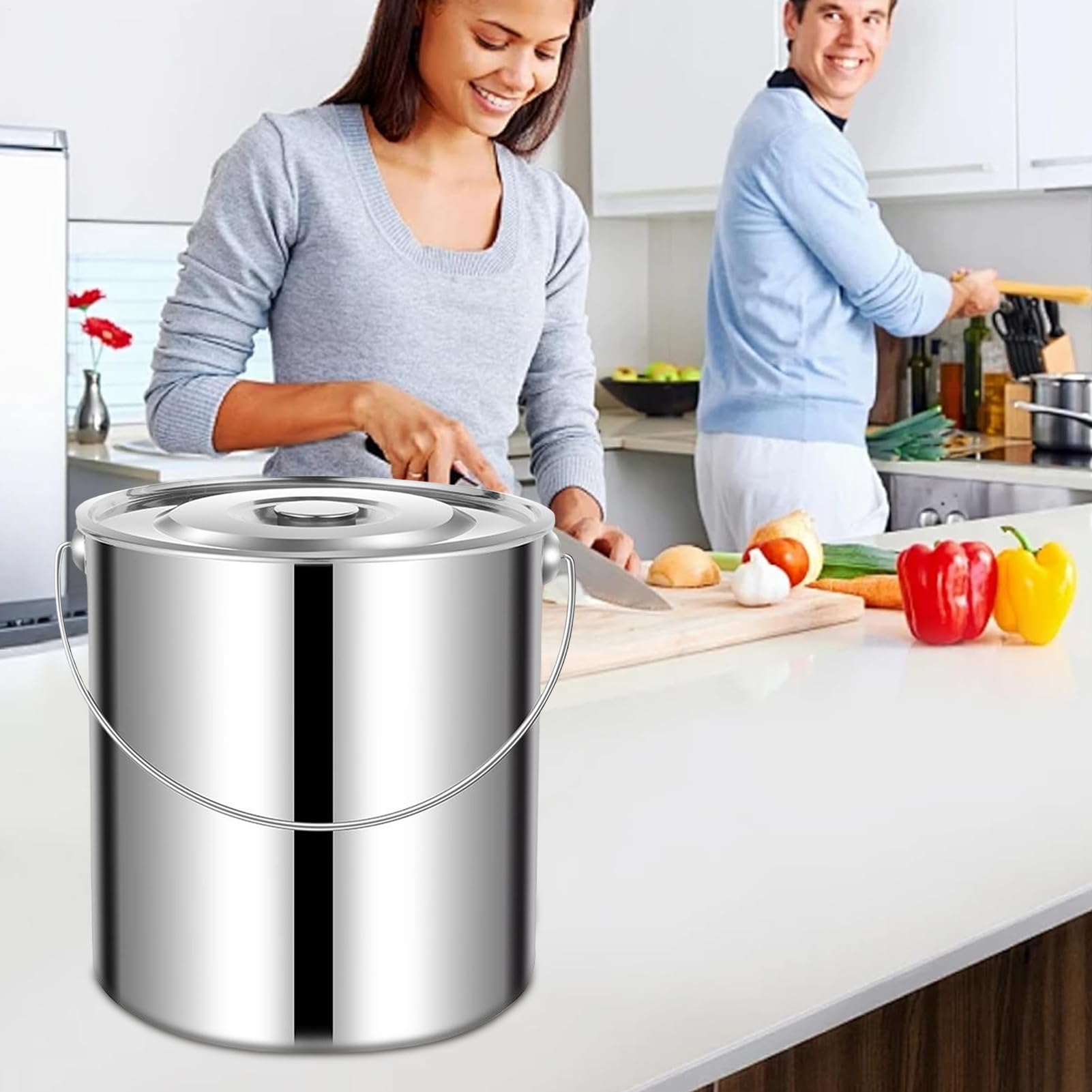 Secchio In Acciaio Con Coperchio E Maniglia Per Conservazione | Grande Secchio Contenitore Per Cereali Da Cucina Per Zuppa Latte Acqua Riso Farina Cereali Cibo Secco Per Gatti Casa