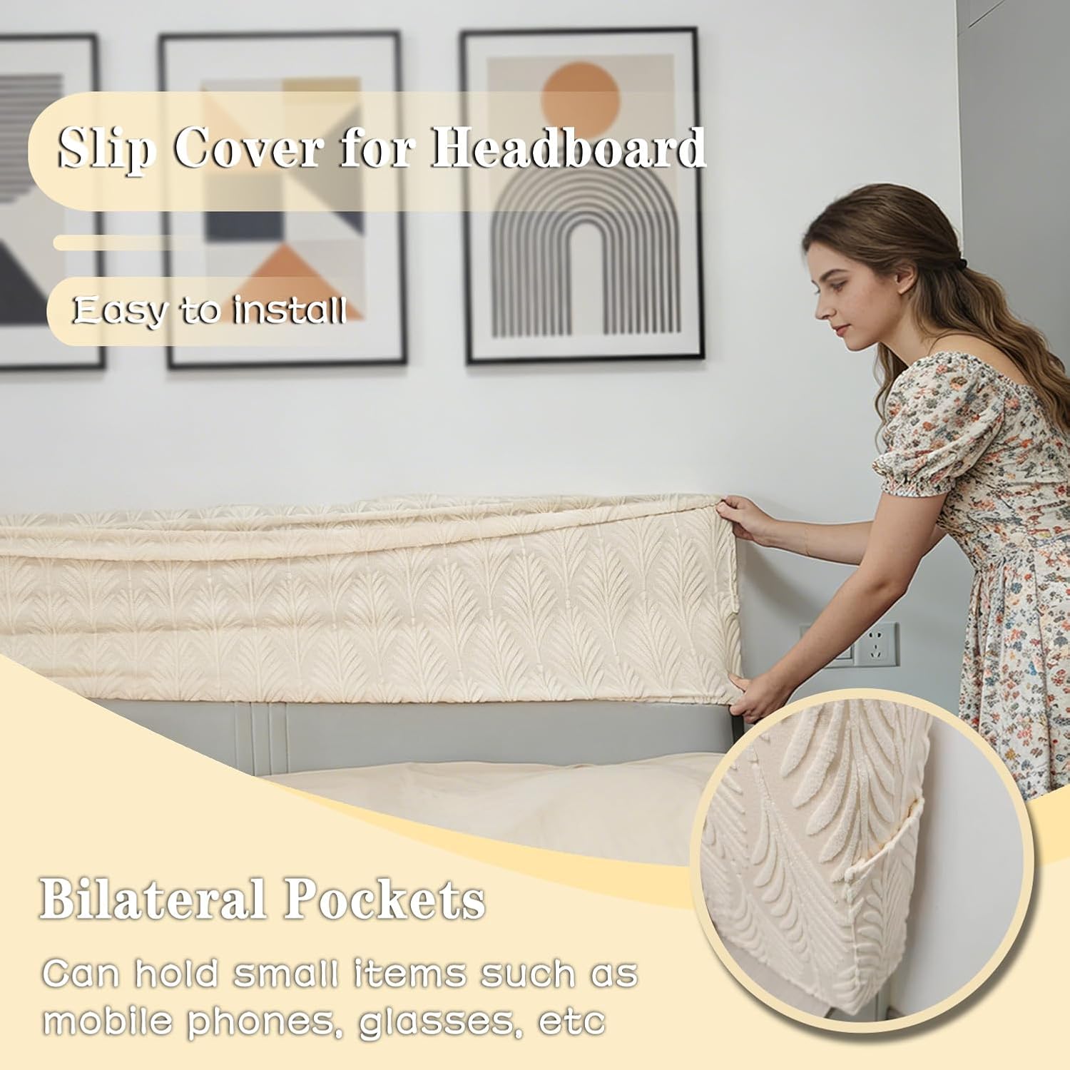 Stretch Headboard Cover Queen/King with 2 Side Pockets, Headboard Slipcover Removable & Washable, Elastic Dustproof Slip Cover for Bed Head Décor Protector