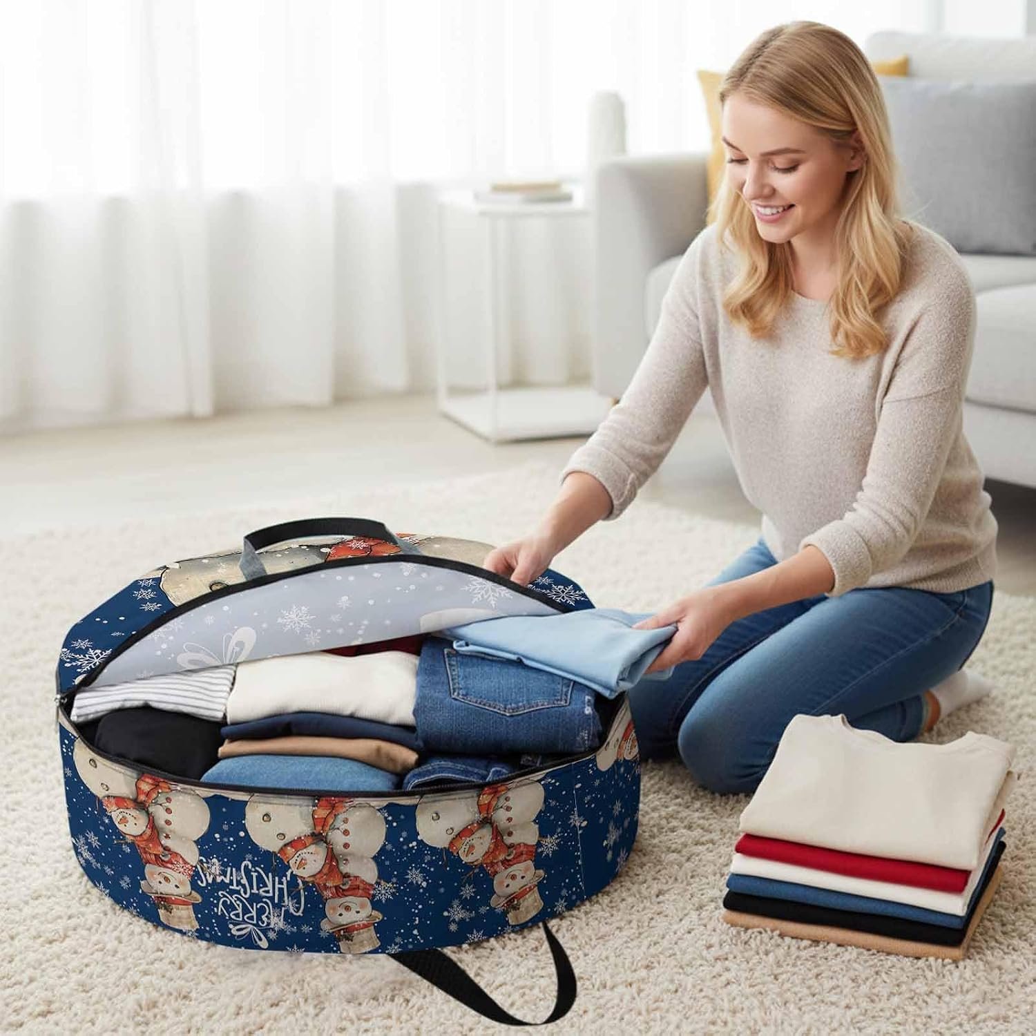 Christmas Round Storage Bag 24 Inch, Snowflakes Retro Snowman Watercolor Blue Clothes Storage Container with Handles Heavy Duty Organizer for Comforter, Bedding & Holiday Wreaths