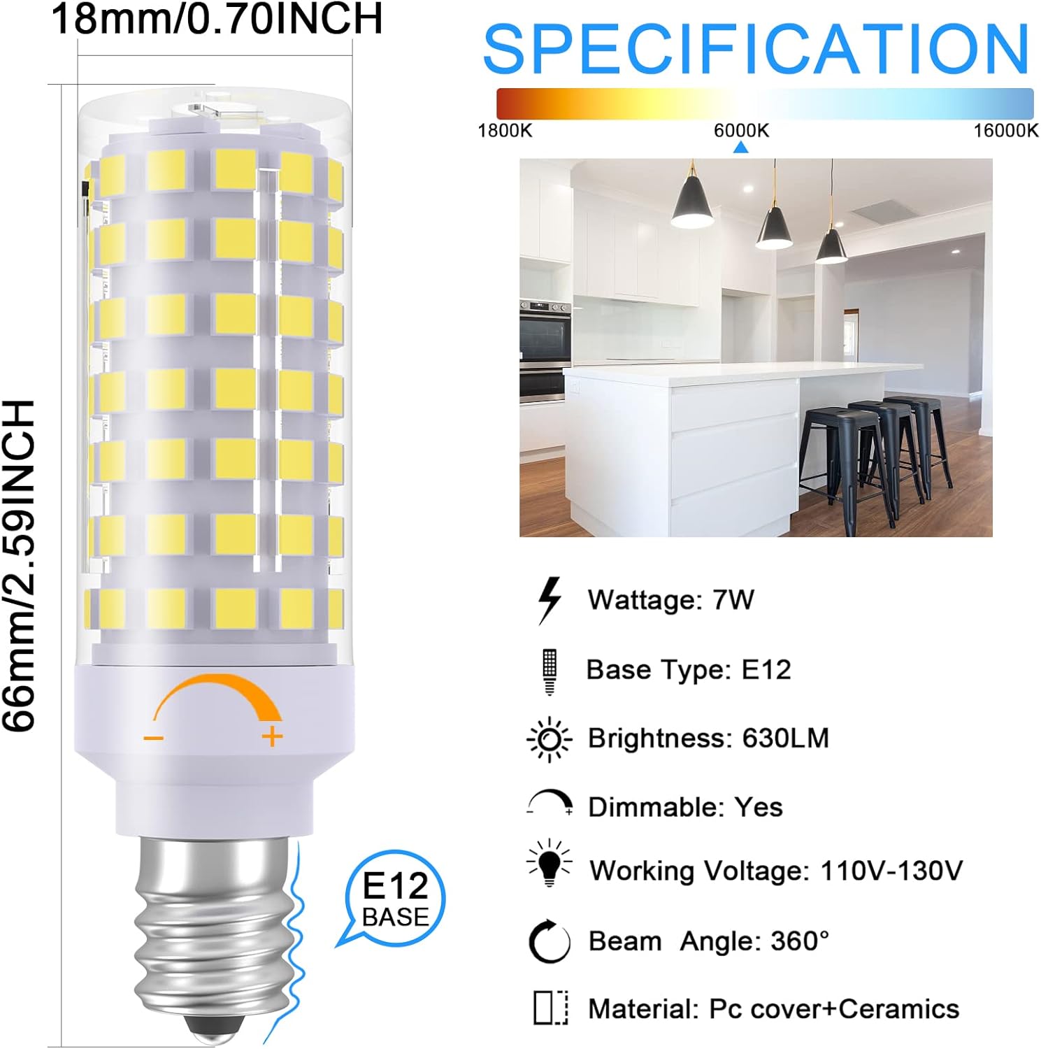 TAIYALOO E12 LED Light Bulb Dimmable, 60W Halogen Equivalent, 6000K Daylight White, T6 Small Base 120V 7W 630LM C7 Bulbs for Ceiling Fan, Chandelier, Pendant Lighting, Salt Lamp, 3 Pack