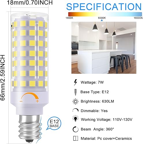 Miniatura 4 de Bombillas LED E12 regulables, bombilla C7 de 7 W equivalente a bombilla halógena E12 de 60 W, luz blanca diurna 6000 K, base de candelabro T6 E12,