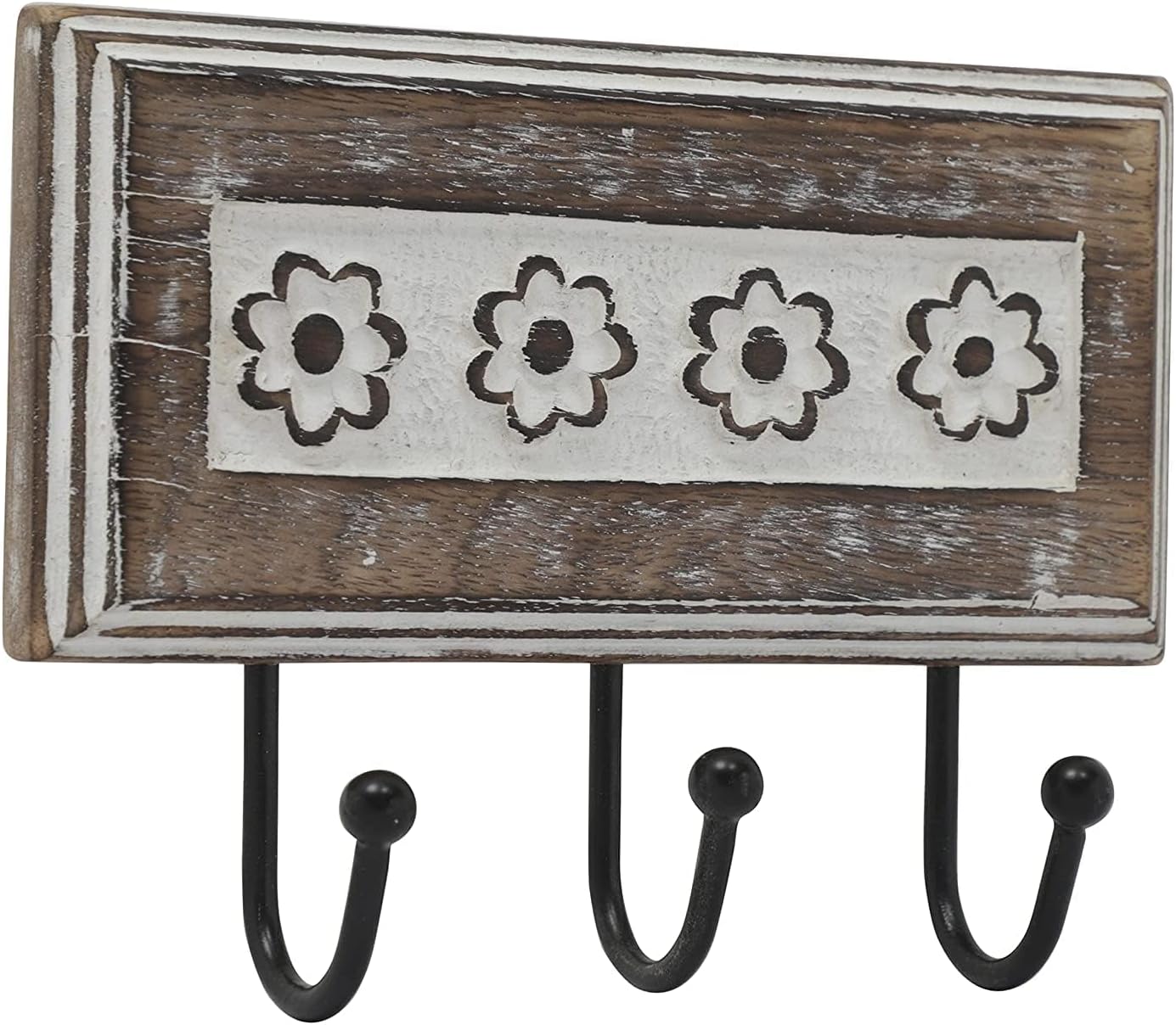 MTRXX Wooden Wall Key Holder with 3 Hooks – Brown Finish, White Floral Carving, Decorative Entryway Organizer
