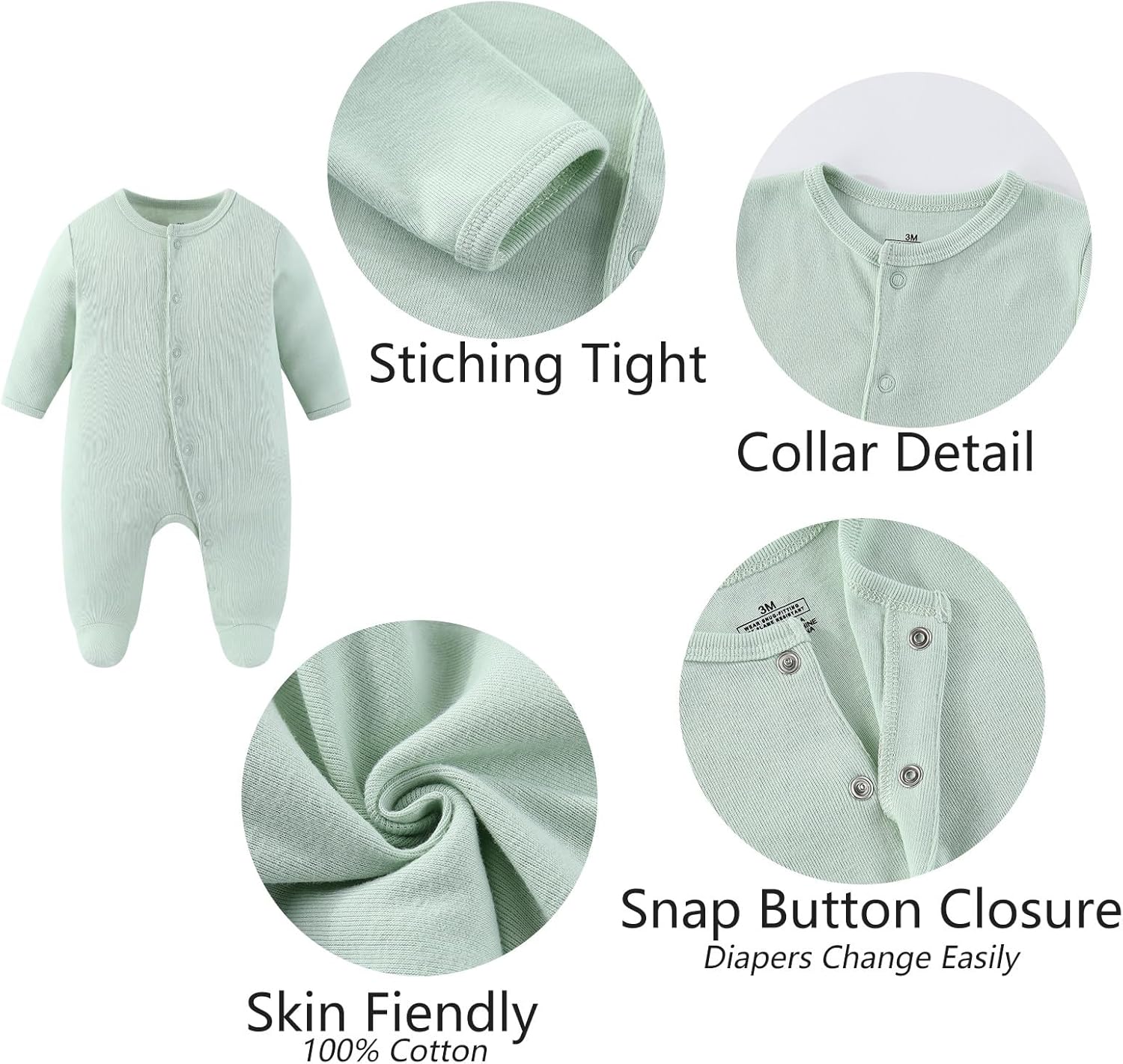 Baby Boy Girls Clothes 2-Way Zip Footed Long Sleeve 100% Cotton,Newborn Caps and Scratch Mittens Set 0-6 Months - Image 3