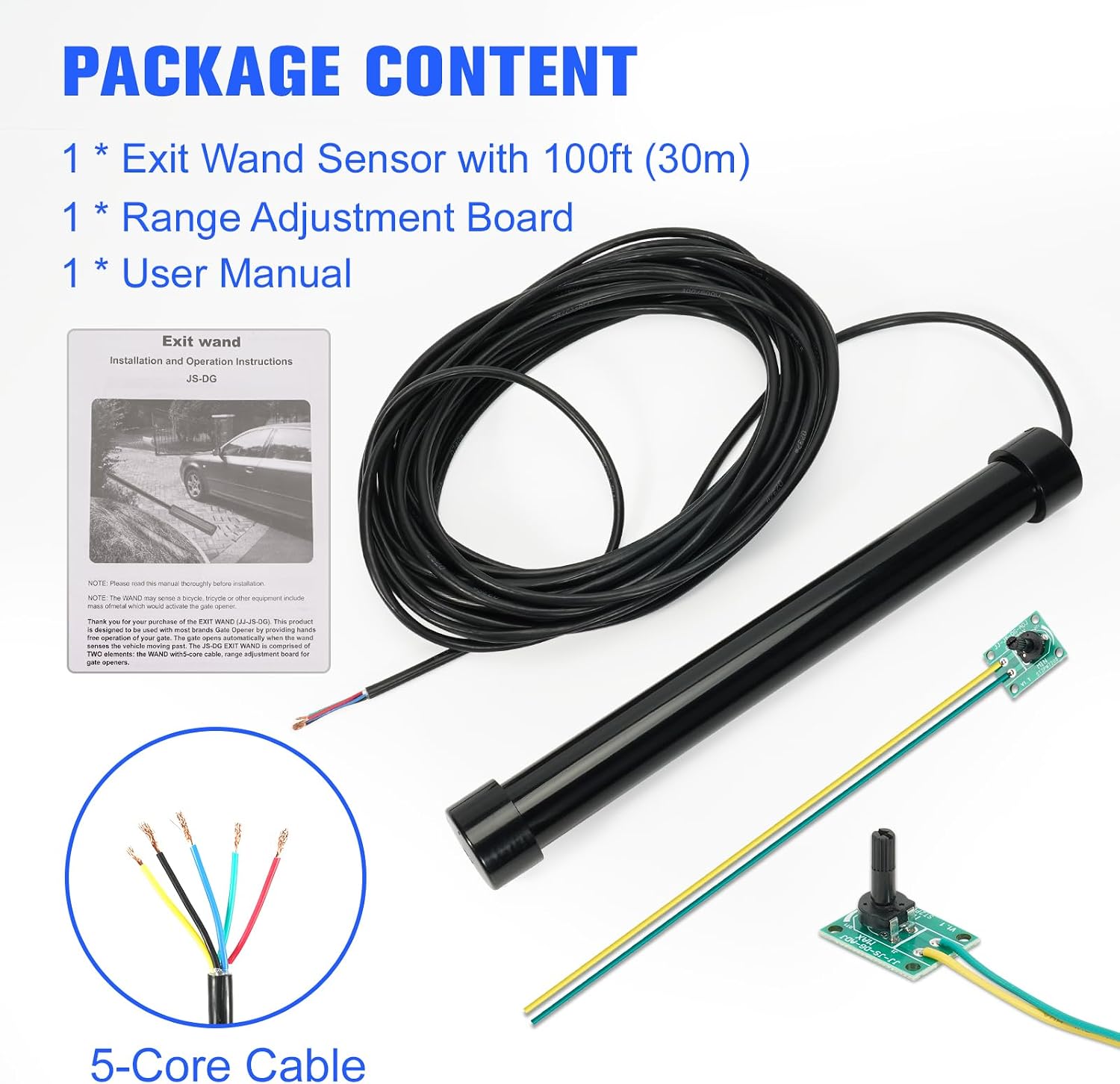 Driveway Gate Vehicle Exit Wand Sensor with 100 ft Cable, Automatic Gate Opener Car Detector Compatible with Mighty Mule, Ghost Controls, liftMaster Vehicle Door Opening Systems
