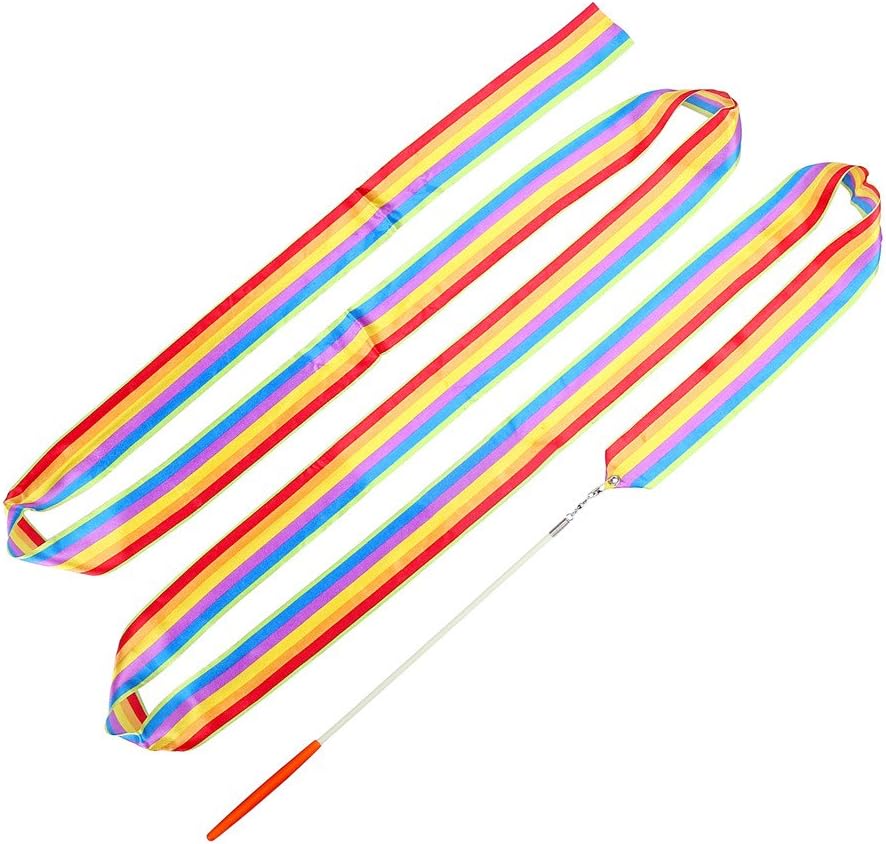 Rhythmic Gymnastics Ribbon 3M Rainbow Color Stripe with Stick Dance Streamers Outdoor or Indoor Training Ribbon 5PCS