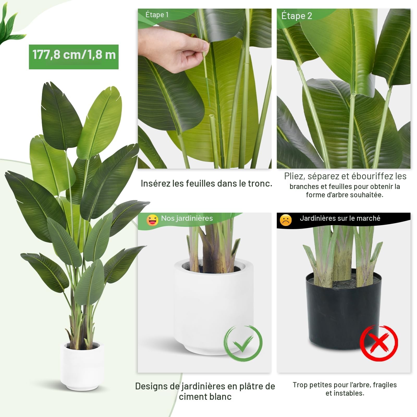 Plante Artificielle Oiseau de Paradis 180cm bananier artificiel avec 13 Feuilles Pour Plantes Artificielles Interieur Exterieur avec Pot Blanc Pour Decoration Maison en Salon Bureau Jardin Deco