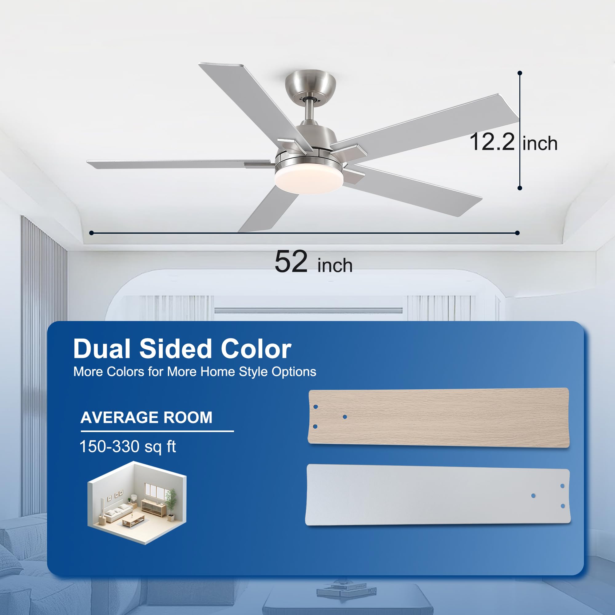 Ventiladores de techo de 52 pulgadas con luces y control remoto, ventilador de techo de níquel cepillado, motor CC reversible de 6 velocidades, LED regulable 3CCT, diseño moderno para dormitorio, sala 7