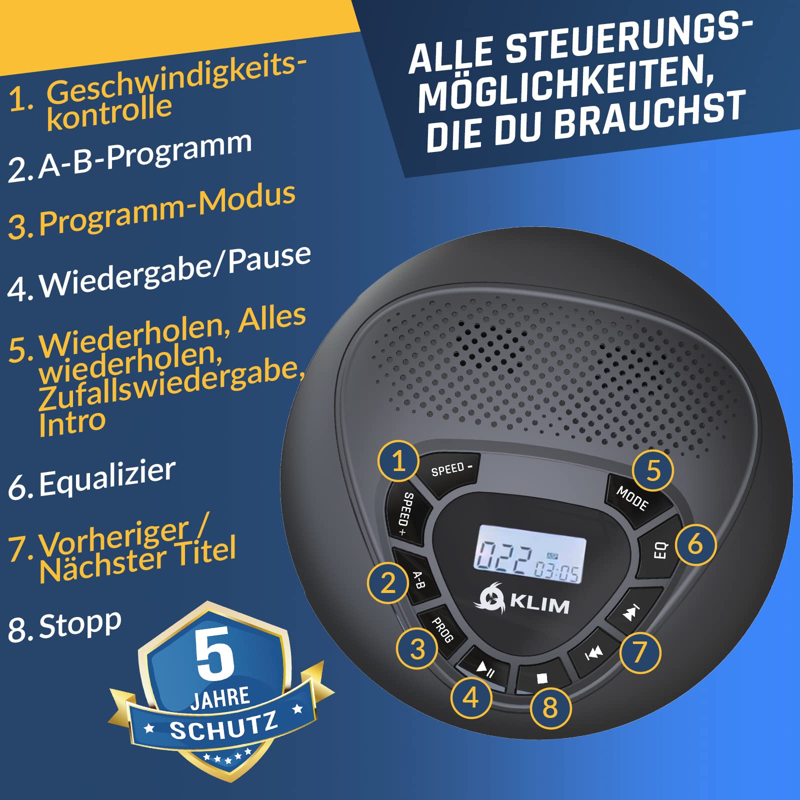 KLIM Speaker - CD Player mit Lautsprecher - NEU - Wiederaufladbarer Akku - Tragbarer CD-Spieler mit Kopfhörern - SD/TF-Karte - AUX - Idealer Auto-CD-Spieler - CD Player tragbar mit Lautsprecher