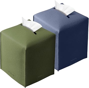 Tissue Box Cover, Tclouda, Modern PU Leather Square Tissue Box Holder for Creative Decorative, 2 Pack, Ideal for Bathrooms/Office/Nightstand Tent/Dining Table, 5"X5"X5", Green&Navy Blue