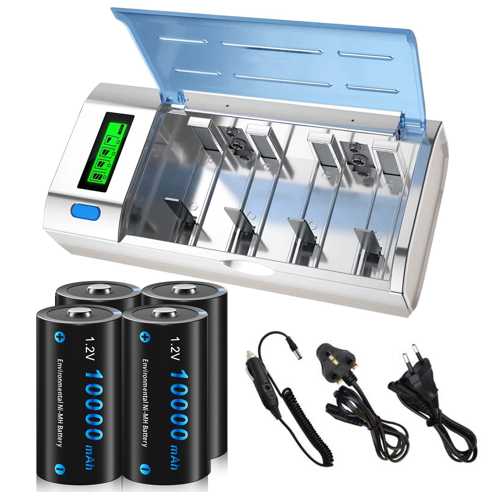 CITYORK Chargeur de Batterie Universel pour écran LCD avec Fonction de décharge pour Batteries AA, AAA, C, D, 9V NI-MH NI avec 4 Batteries NI-MH D Taille 10000mAh