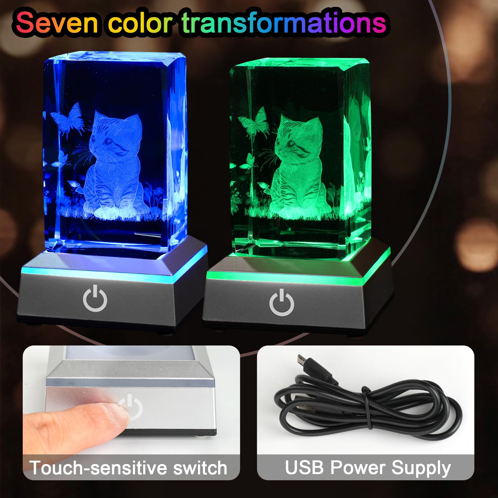 Luz nocturna de cristal 3D con base LED multicolor grabada con láser, regalo para mujeres, amantes de los gatos, cumpleaños, Navidad, decoración de habitación