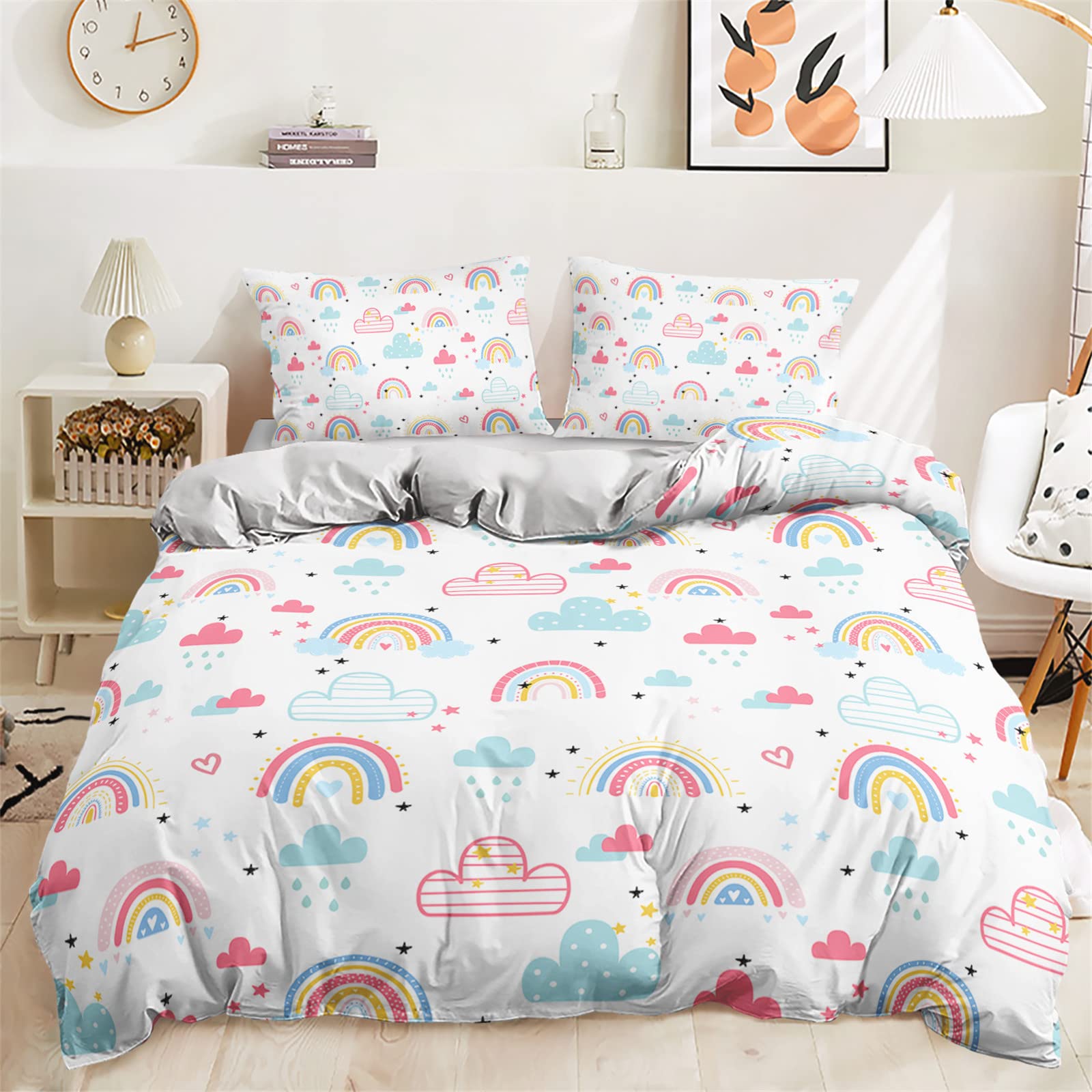 Mateju Funda Nordica Cama 90/135/150, Ropa de Cama de Arcoiris Microfibra Juego de Ropa de Cama con 1 Funda Nórdica y 2 Funda de Almohada 3 Piezas (150x200cm,Nube Amor)