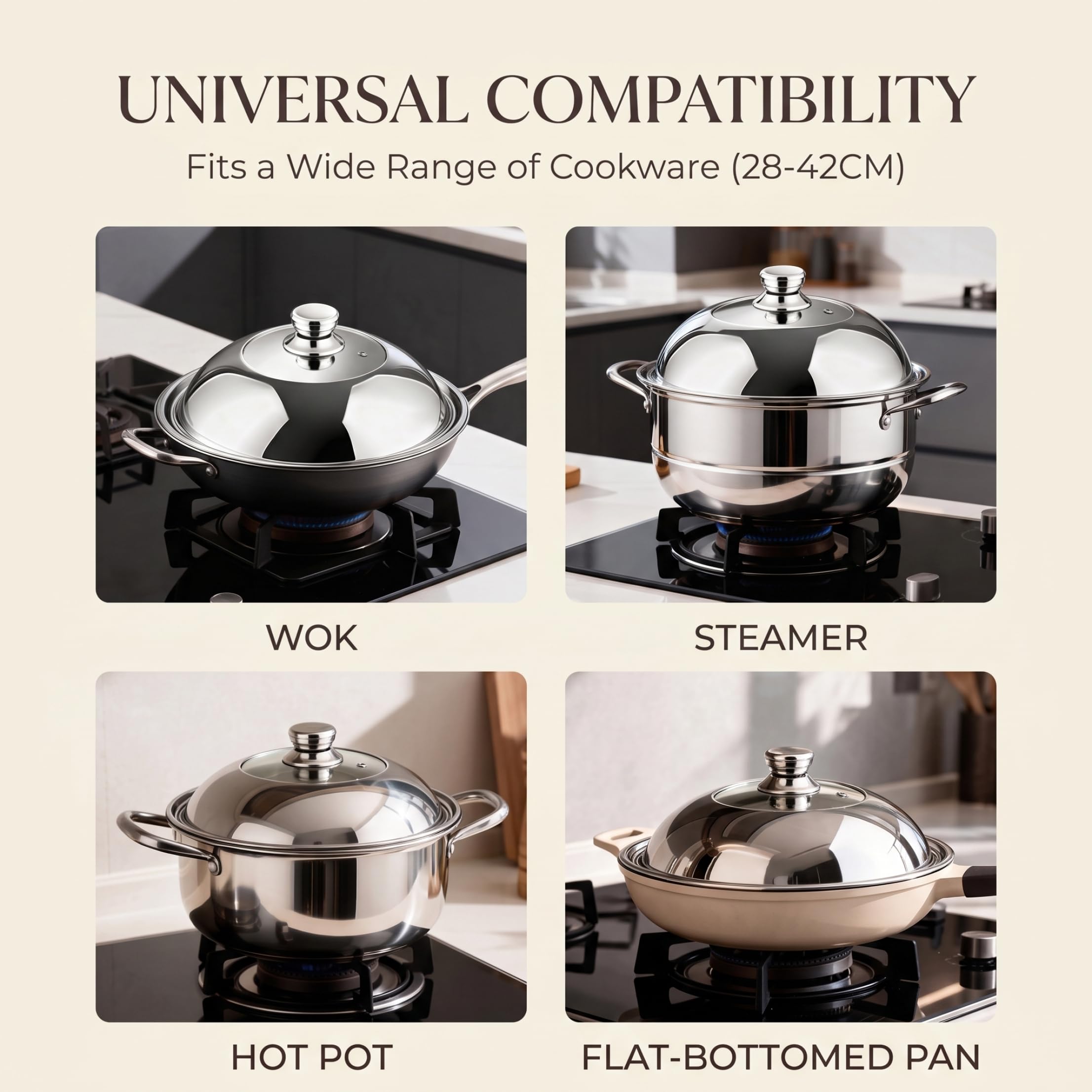 Copertura per Wok, copertura per imbastitura in acciaio inossidabile 304 a cupola alta, coperchio per Wok adatto a pentole interne da 32-33, 5 cm, argento