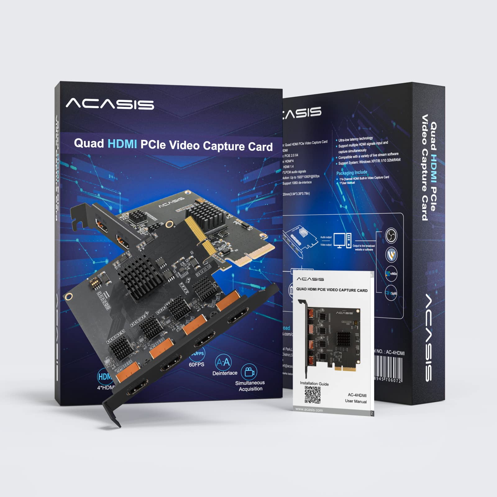 Acasis Quad HDMI PCIe scheda di acquisizione video 1080P 60FPS 4 canali incorporato di registrazione per registrazione live streaming DSLR, videocamera, videocamera, action cam a latenza ultra bassa