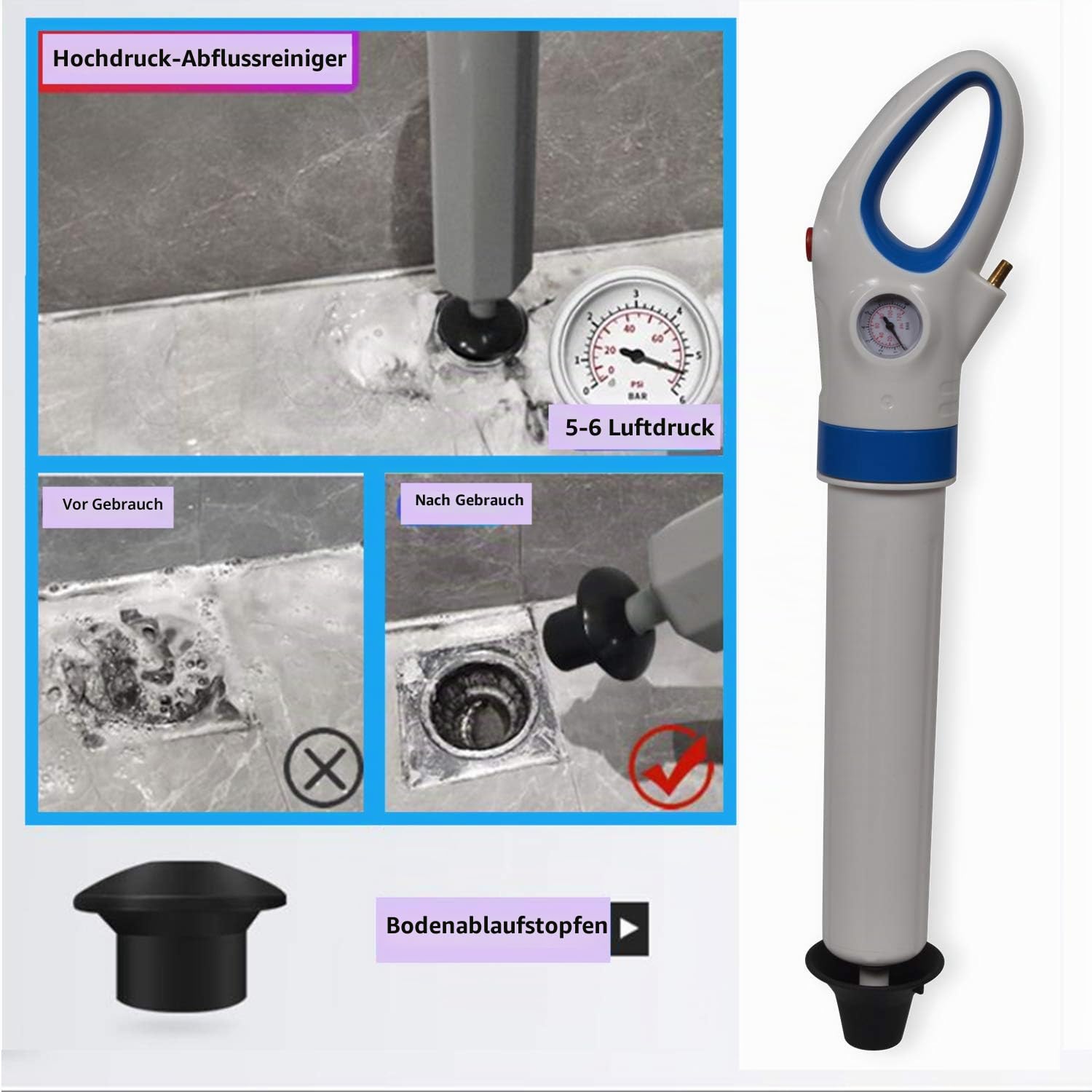 WC Plunger Ultrahochdruck Multi-Funktions-Abflussreiniger mit 4 Kolbenkopf für Toilette, Reinigungspumpe verwendbar für Toilette, Badewanne, Dusche, Wanne (Luftpumpenfüllung/Stil)