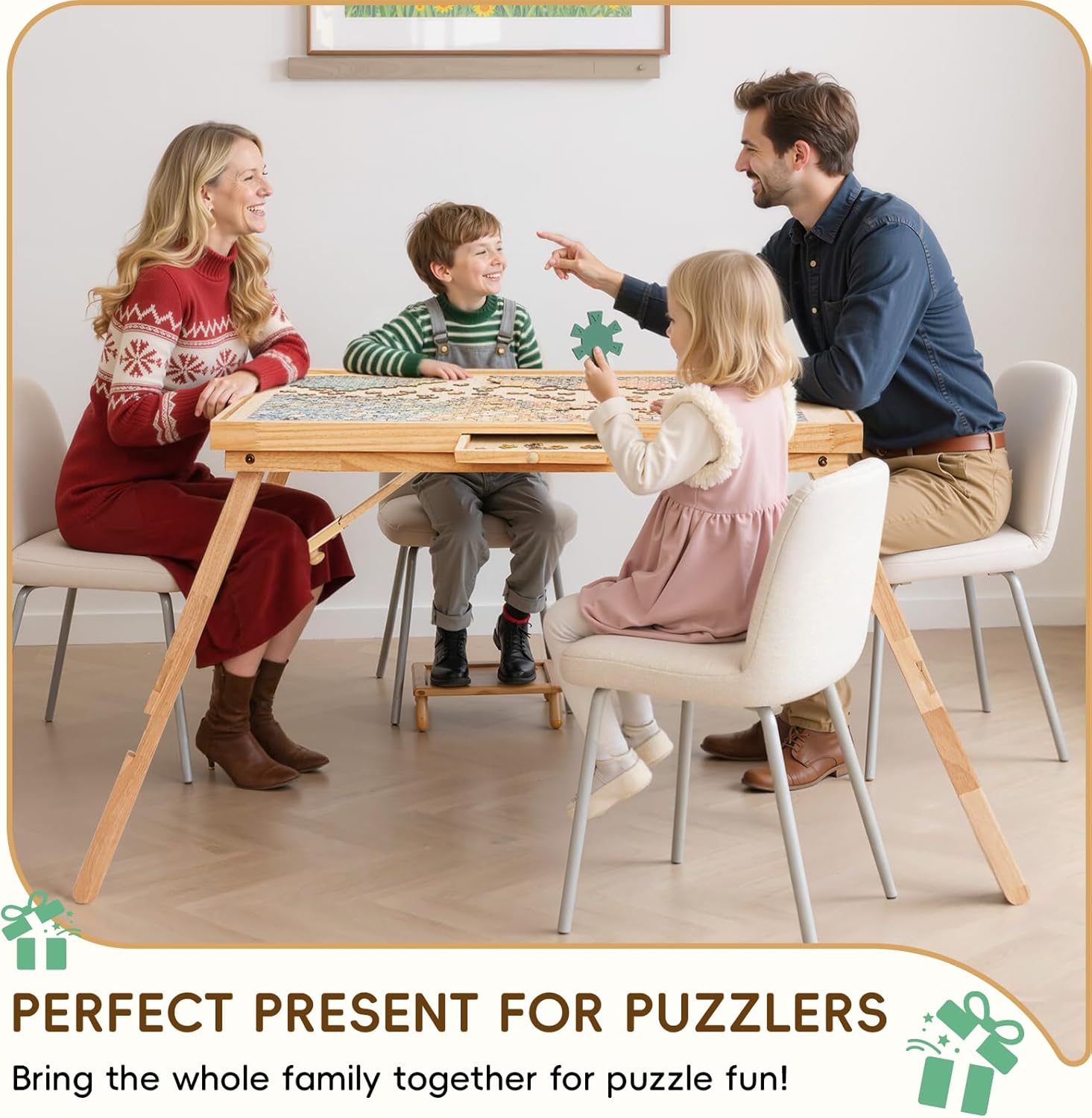 TEAKMAMA 1500 Pieces Puzzle Table 27.6" H Tall Puzzle Board with Drawers, 34.2" x 26.5" Wood Folding Jigsaw Table with Legs and Cover, Jigsaw Board for Adults, Nature