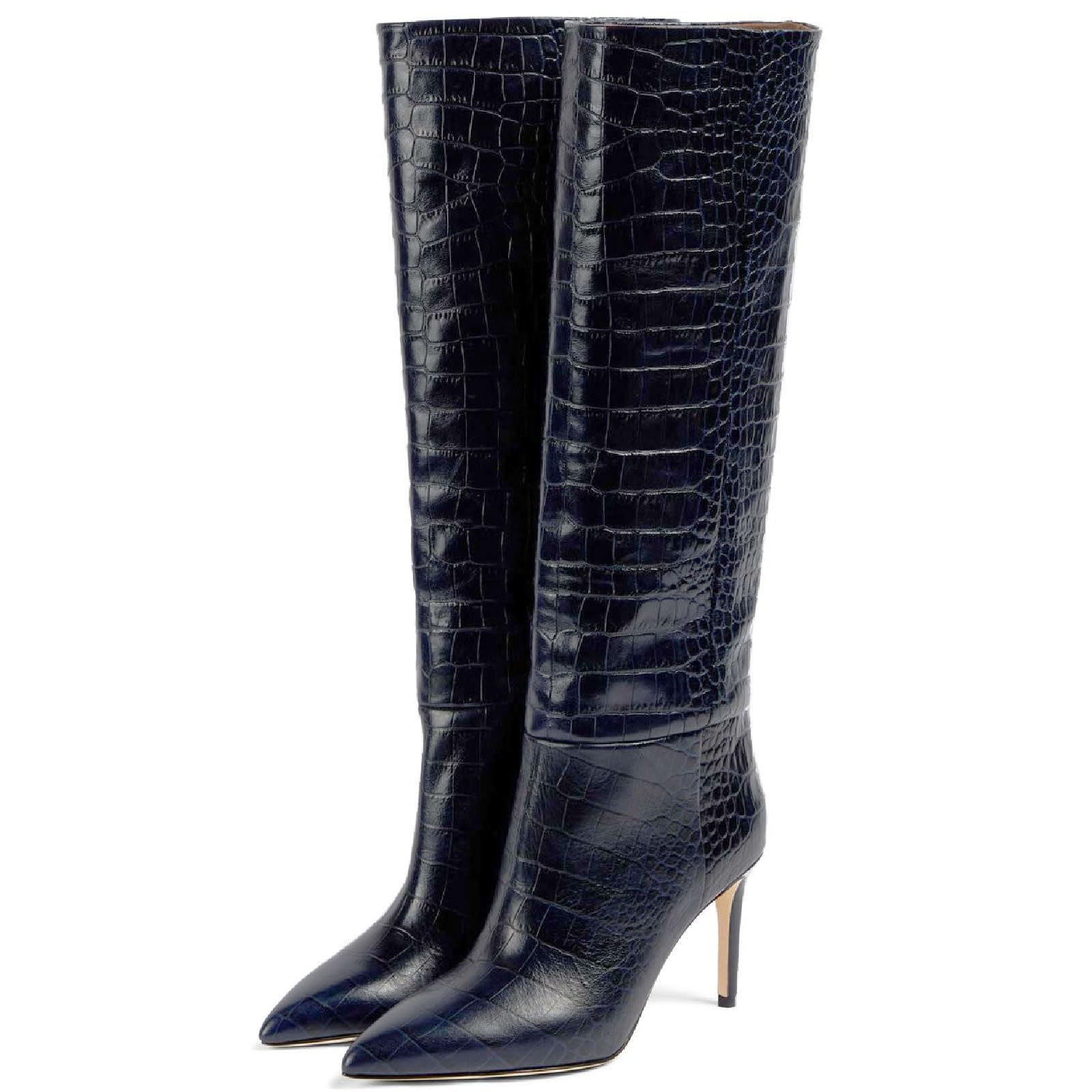 Womens Fashion Crocodile High Stiletto Heel Knee High Boots 3 94inch 10cm Pointed Closed Toe Pull On High