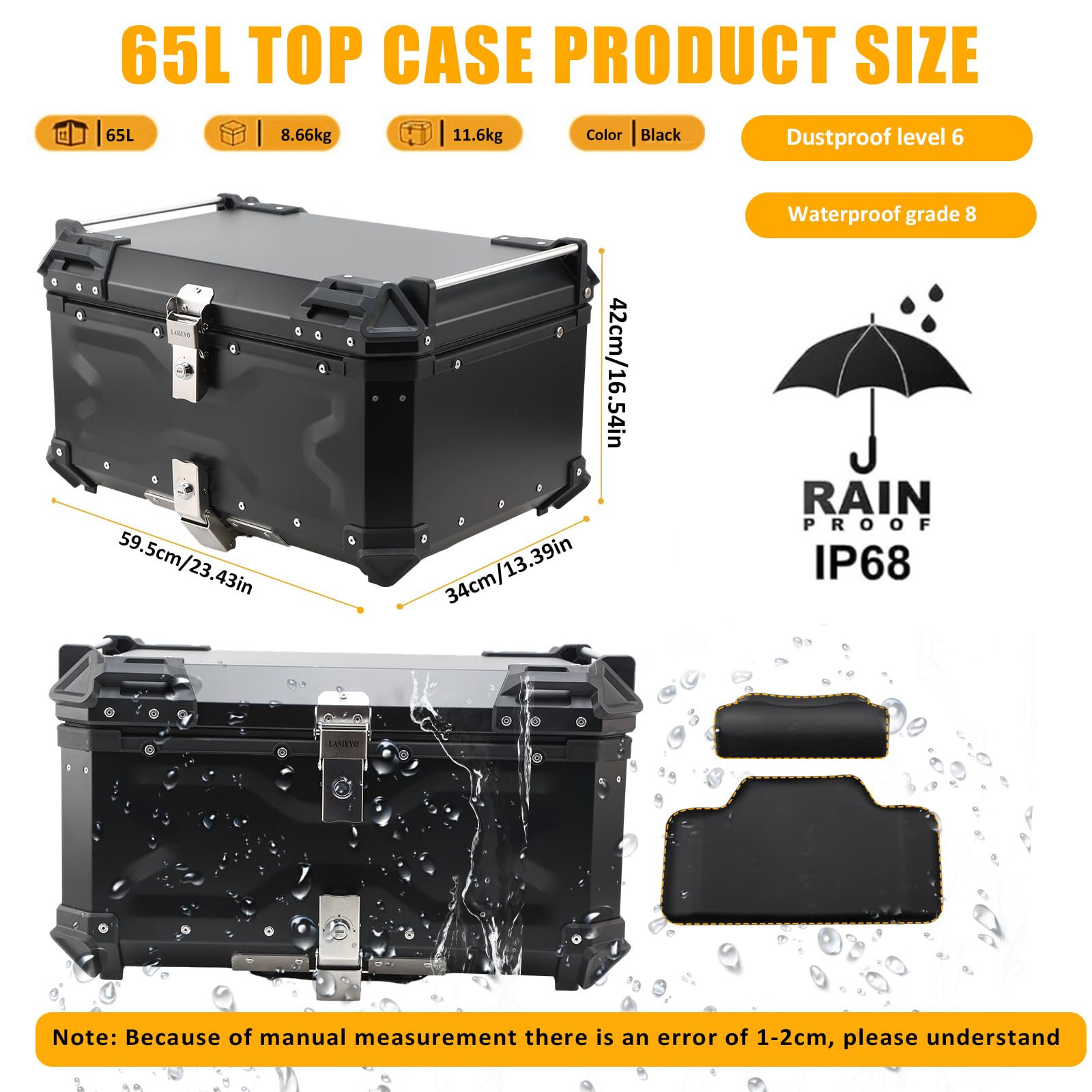 Motorrad Topcase Aluminium 65L Koffer Schwarz Universell