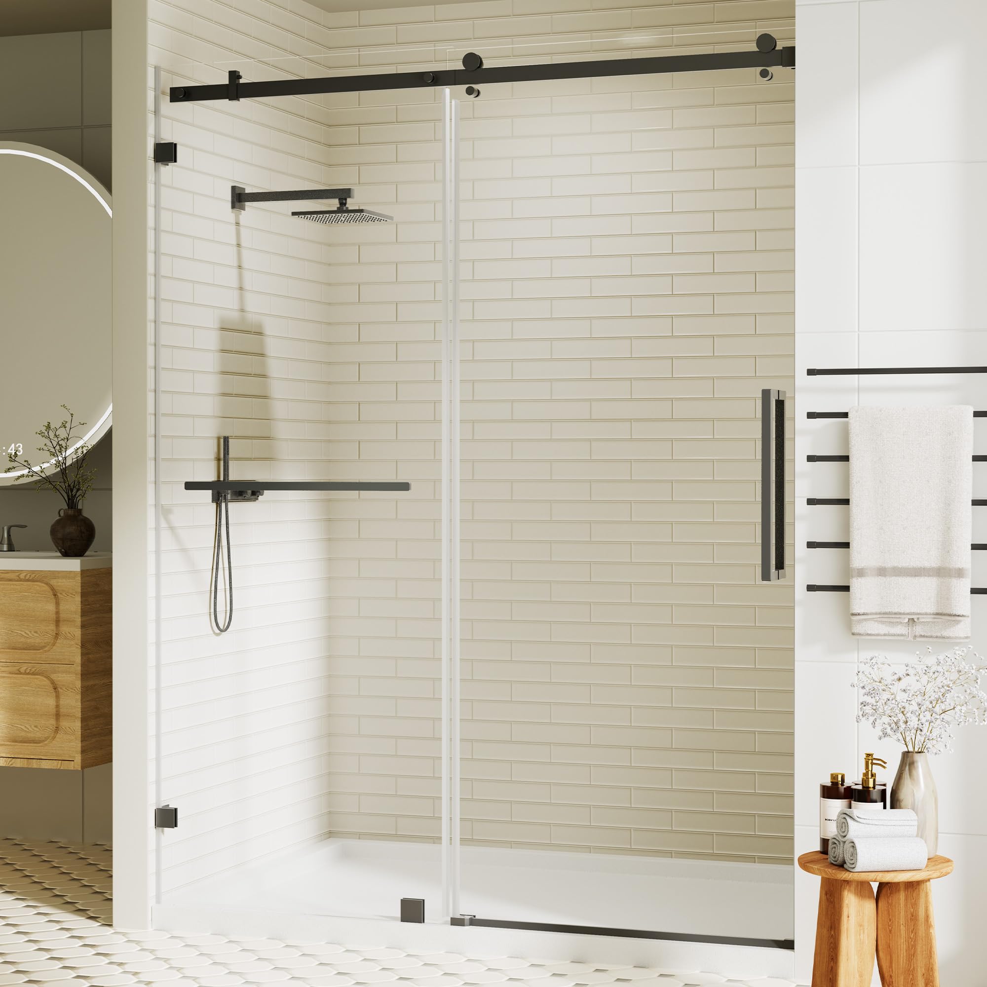 bathbliss glass shower door 48" w x 72" h, frameless shower door with 8mm tempered glass with nano coating, easy installation, matte black finish