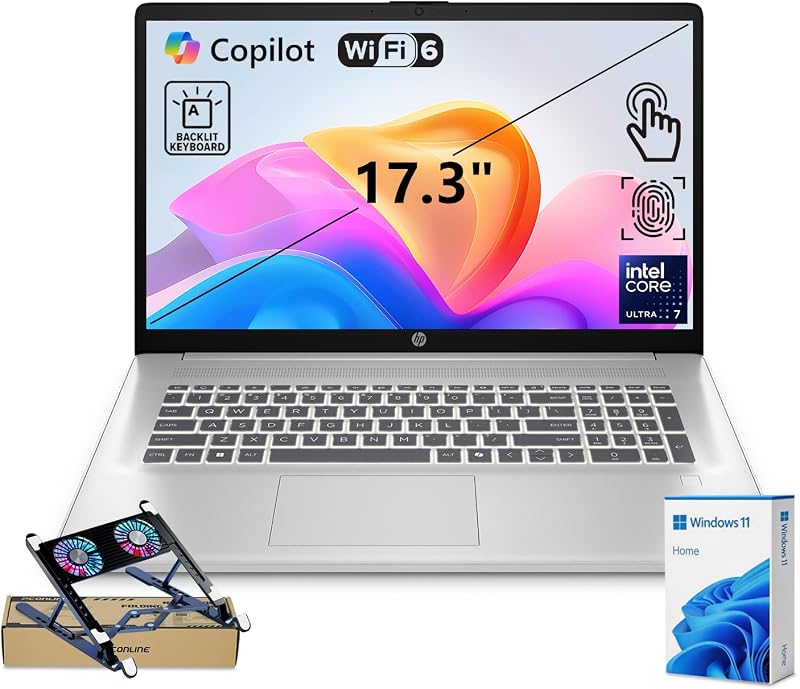 HP Business Copilot AI Laptop PC, 17.3" Touchscreen, Intel Ultra 7 255U, 32GB DDR5 RAM, 1TB SSD, Wi-Fi 6, Win11 Home, Backlit Keyboard, Webcam, Fingerprint Reader, Bundle with PCO Laptop Cooler