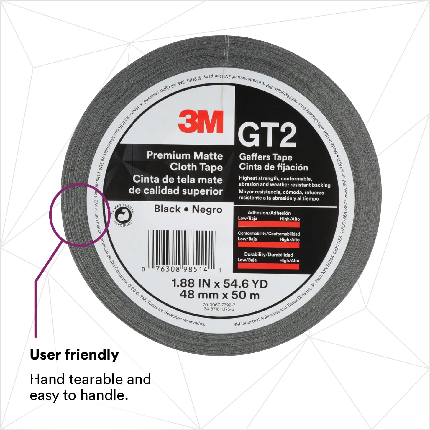 3M Premium Gewebe-Gaffers Tape GT2, schwarz, 48 mm x 50 m, 11 mil