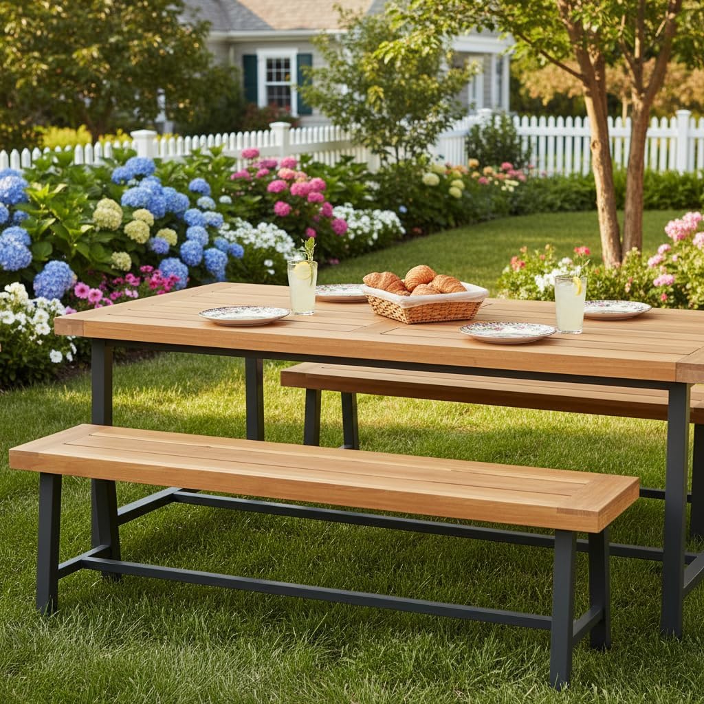 Tangkula 63 Inches Acacia Wood Outdoor Bench Set of 2, 3-Person Patio Bench with 800 lbs Weight Capacity, Outdoor Backless Bench with Heavy-Duty Metal Frame for Garden, Porch and Backyard