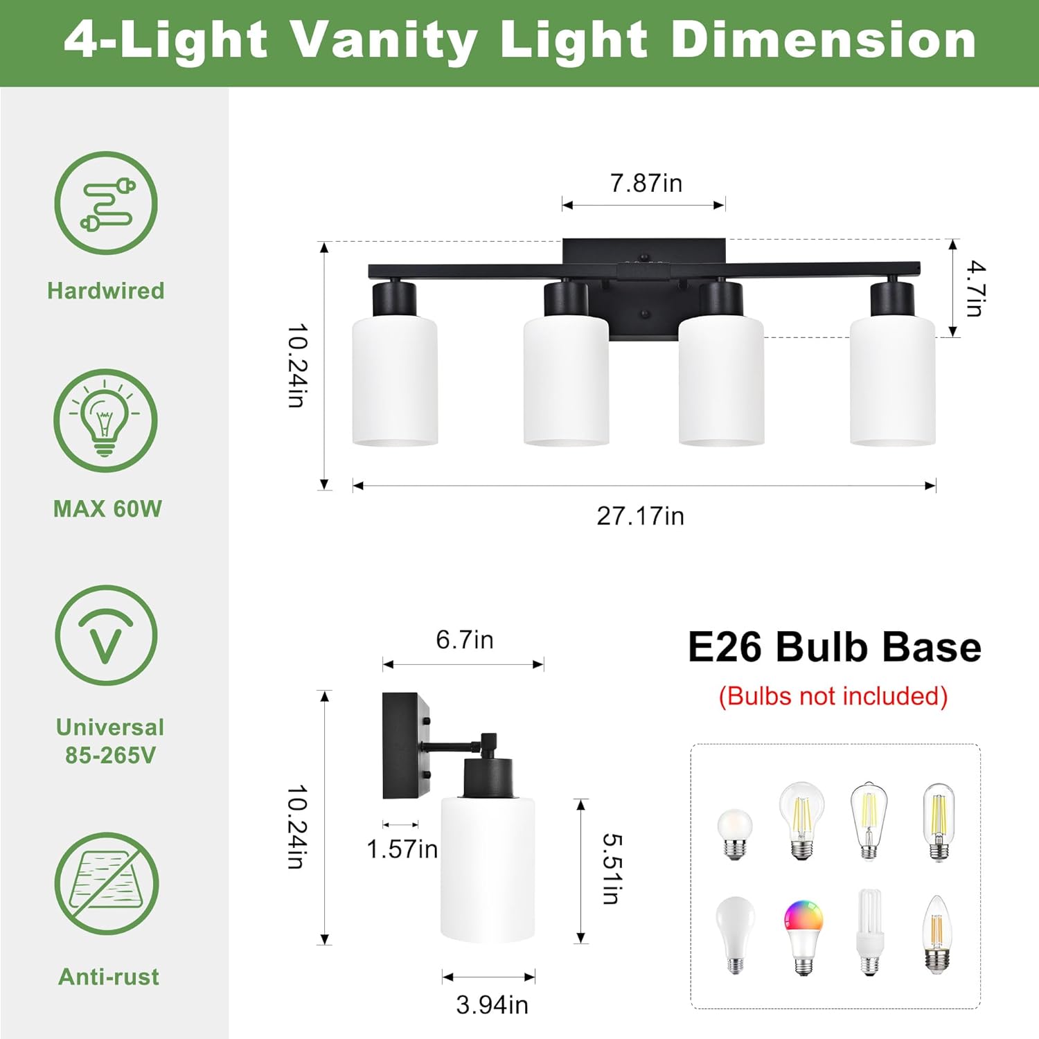 Modern 4-Light Vanity Light Over Mirror, Black Bathroom Light Fixtures, Wall Sconces with Milky White Frosted Glass Shades, E26 Socket (Bulbs Not Included) (Black, 4-Light)