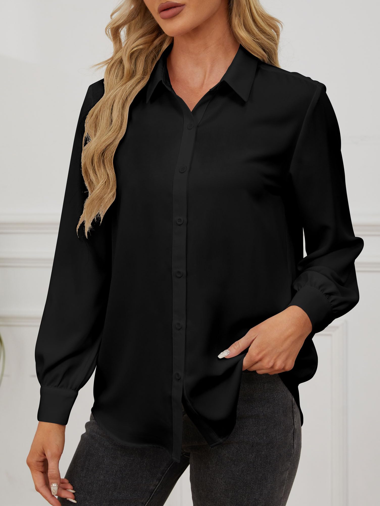 Blusa de manga larga para mujer, elegante, cuello de pico, botones hacia abajo, blusas informales, de gasa, camisa para oficina, ropa de trabajo, Negro, M
