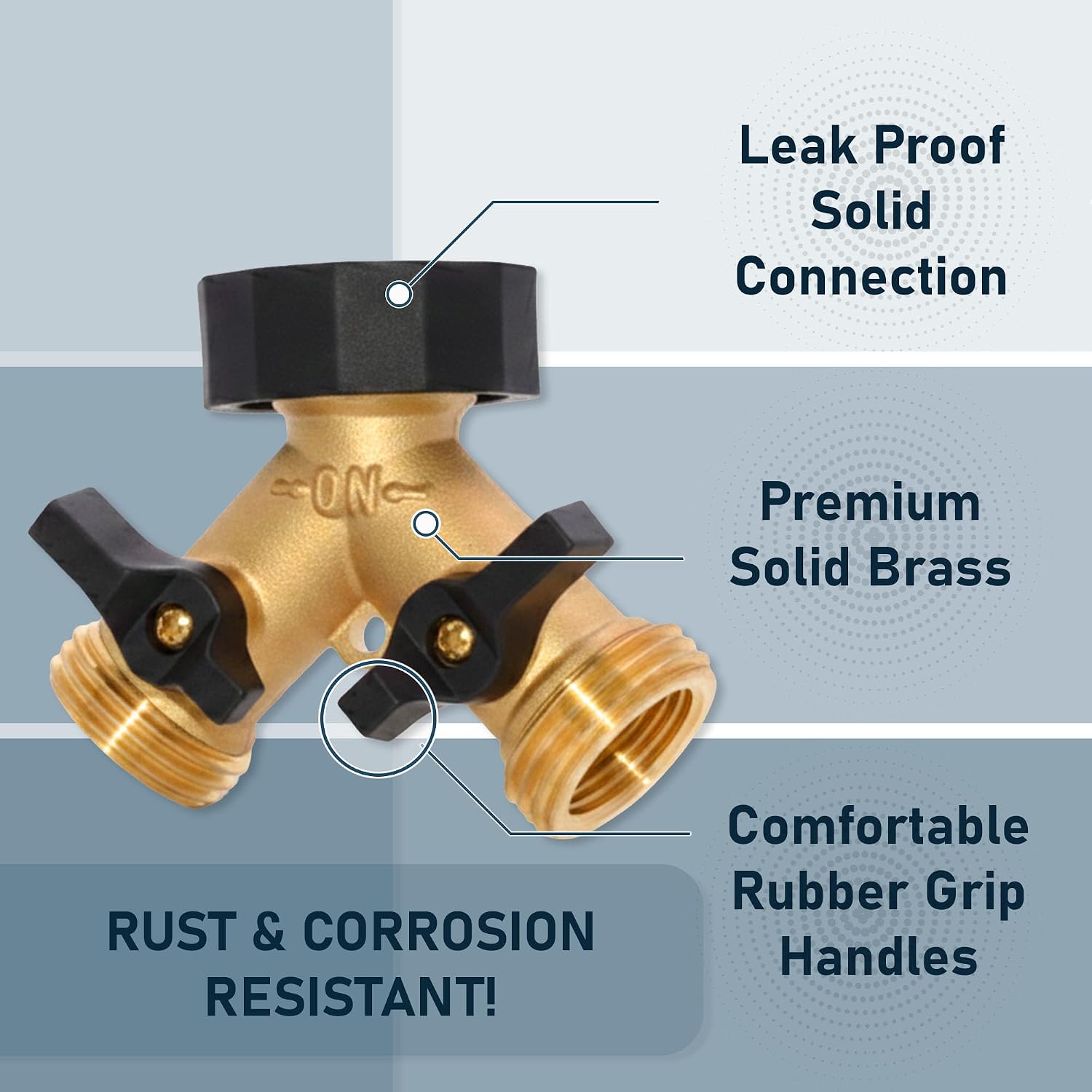 Morvat Heavy Duty Garden Hose Splitter Brass Connector with Comfortable Rubber Grip ON/OFF Two Valves, Y Splitter for Outlet, Water Tap & Spigot, Includes 2 Washers, 2 Filter Washers & Teflon Tape