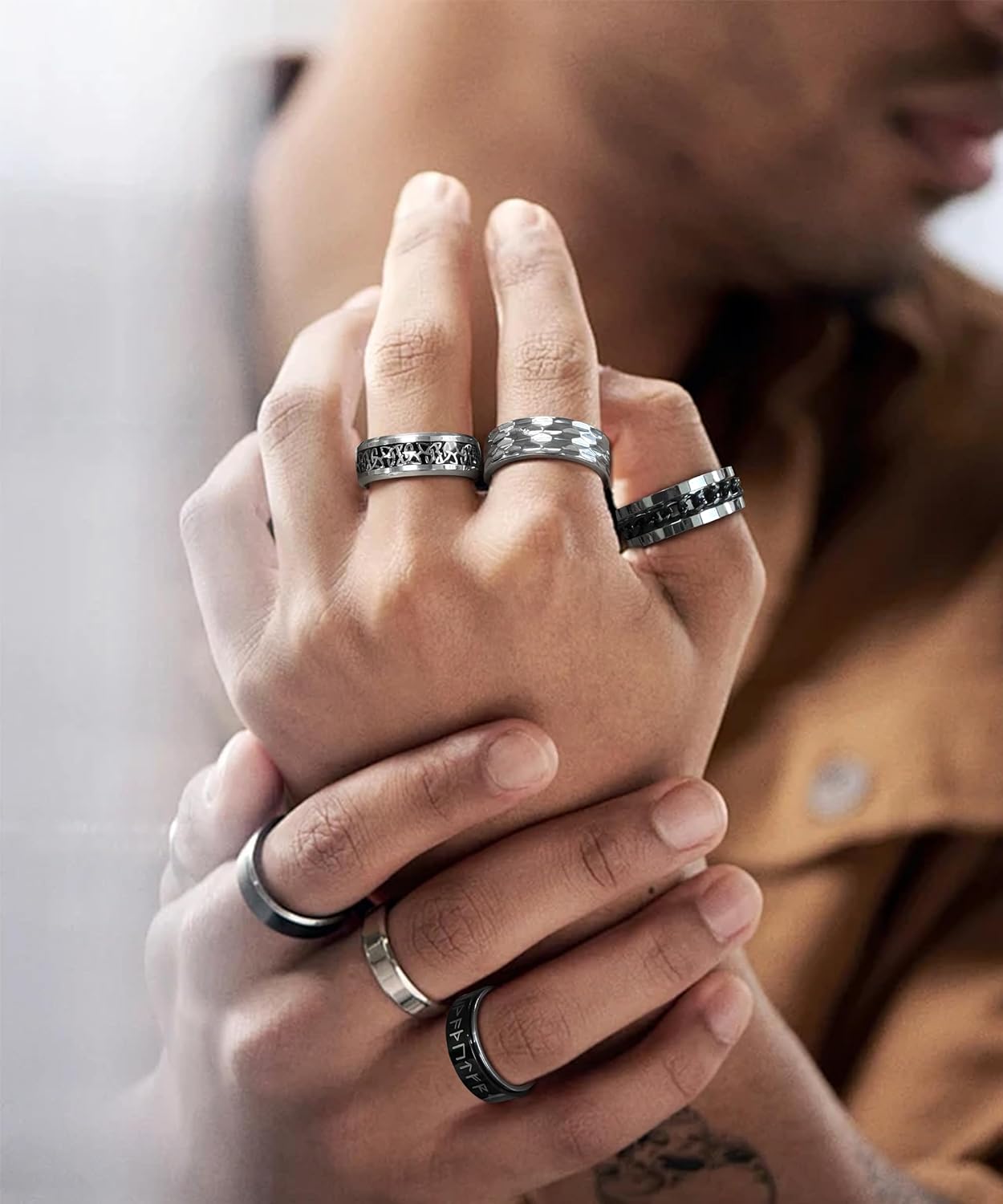 EIELO 12Pcs Mens Stainless Steel Rings Cool Silvery Black Band Ring for Men Women Spinner Chain Fidget Ring Simple Wedding Engagement Ring Set Size7-12 - Image 4