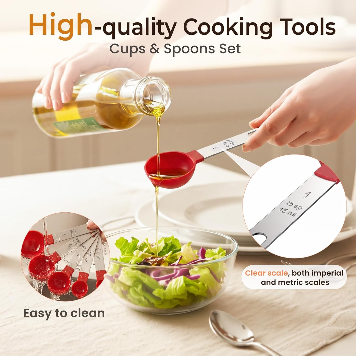 16PCS Measuring Cups and Spoons Set, Measuring Spoon Set with Metric and US Measurements, Fits for Measuring Dry and Liquid (Red)
