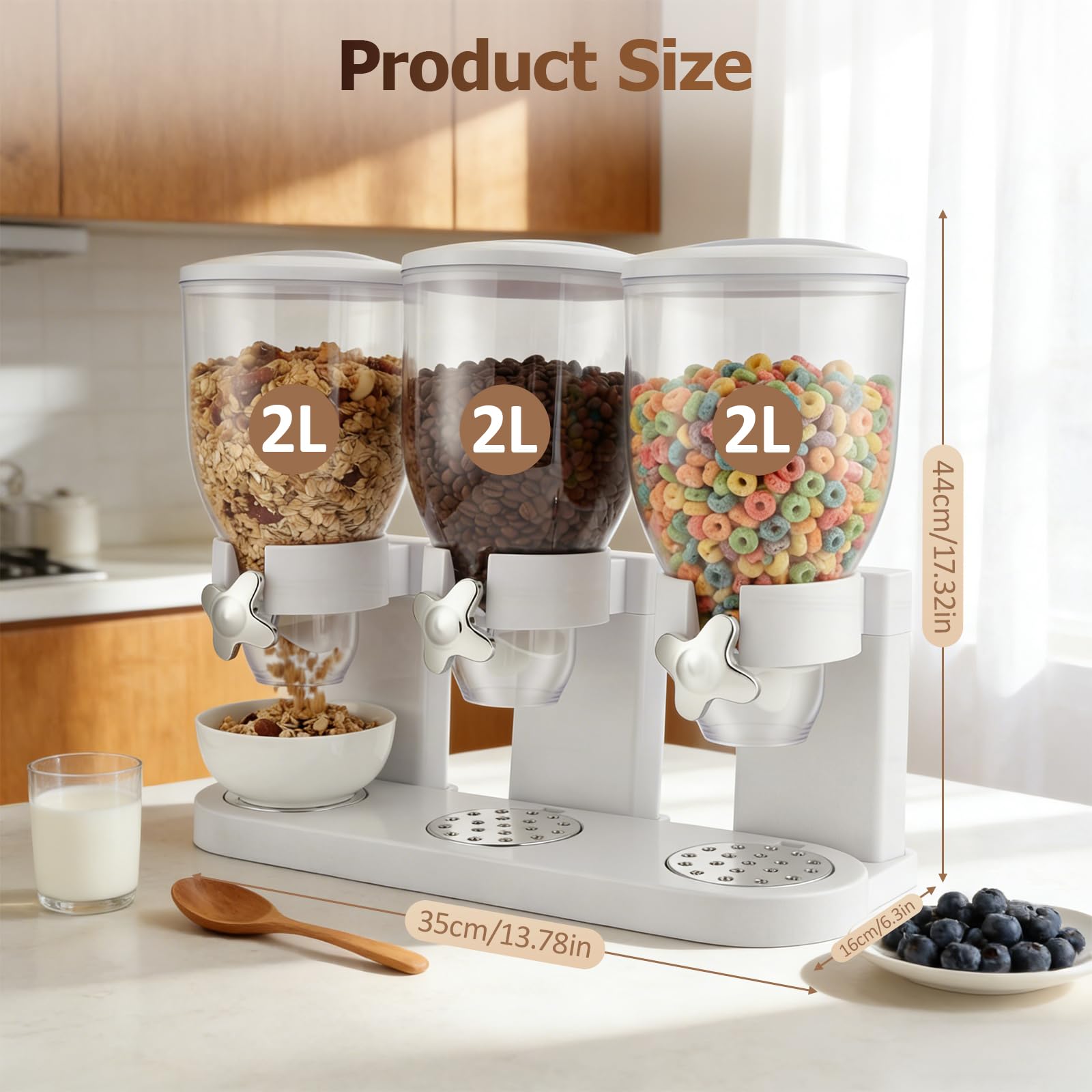 Müslispender & Snack-Dispenser mit 3 Kammern, 6L Gesamtvolumen - Rotierender Getreidebehälter für Cornflakes, Nüsse und Kaffeebohnen | Luftdicht & Crush-Free Design für Küche & Snackstation
