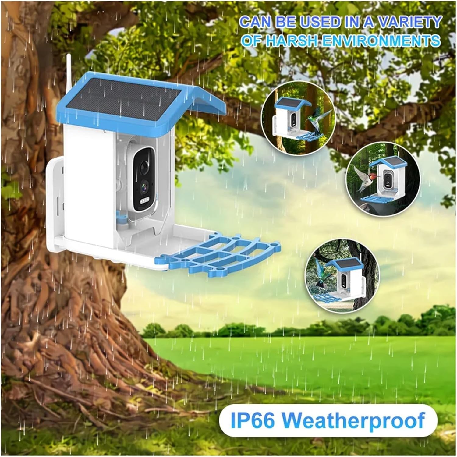 QDVOPHZA Bird Feeder Camera in various weather conditions, highlighting IP66 weatherproof rating