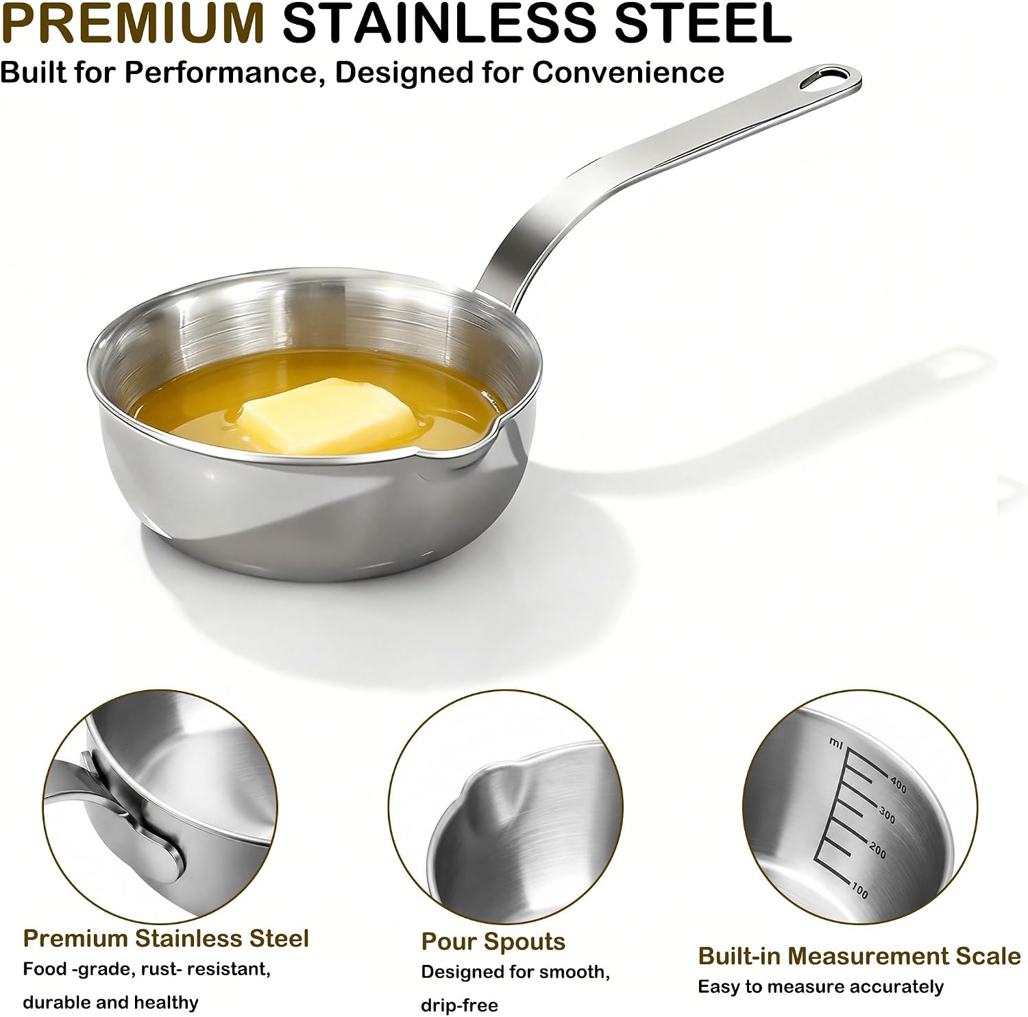 18/10 Stainless Steel Butter Warmer, 13.5 fl oz (400ml) Small Sauce Pan