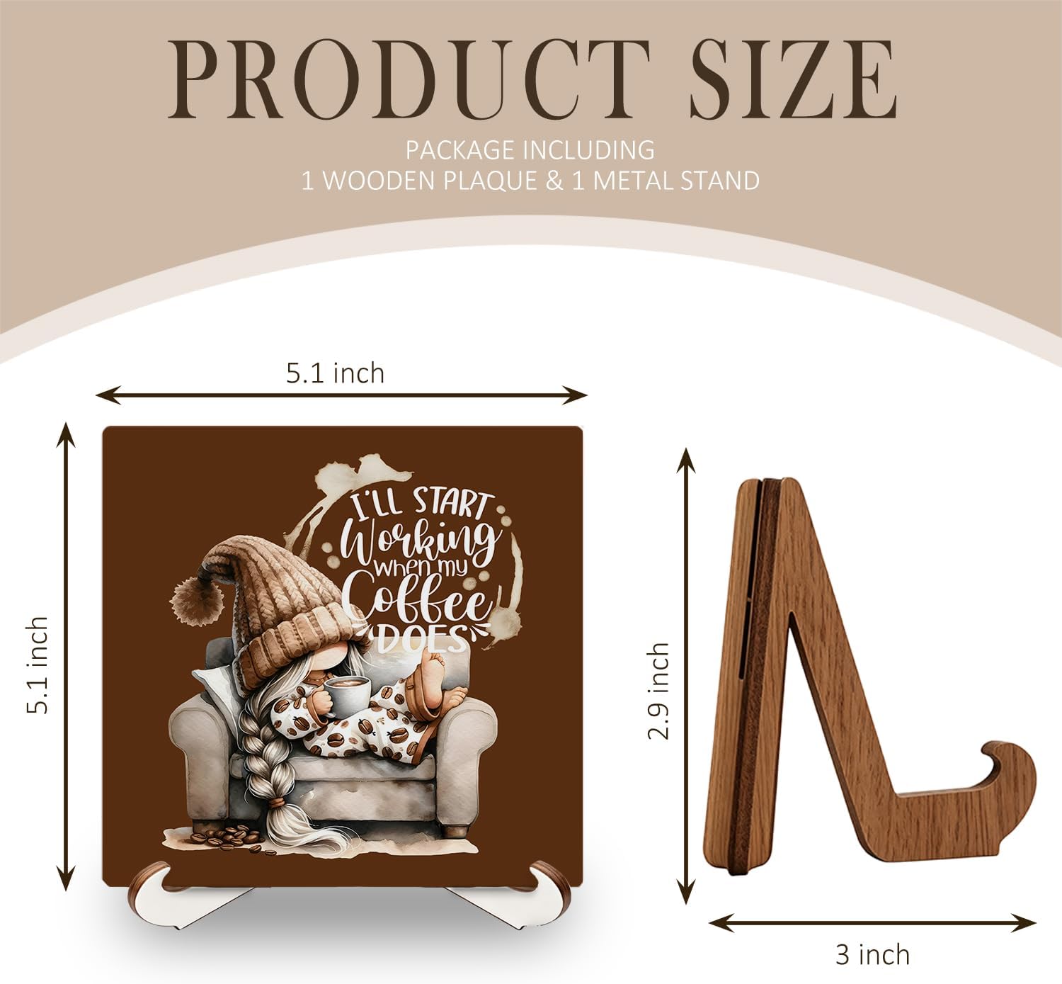 Funny Gnome Coffee Bar Wooden Desk Decor Sign 5x5 Inch,I'll Start Working When My Coffee Does Signs Plaque With Wooden Stand for Cafe Home Office Desk Table Shelf Decoration, Brown Coffee Wooden Sign With Stand image 2
