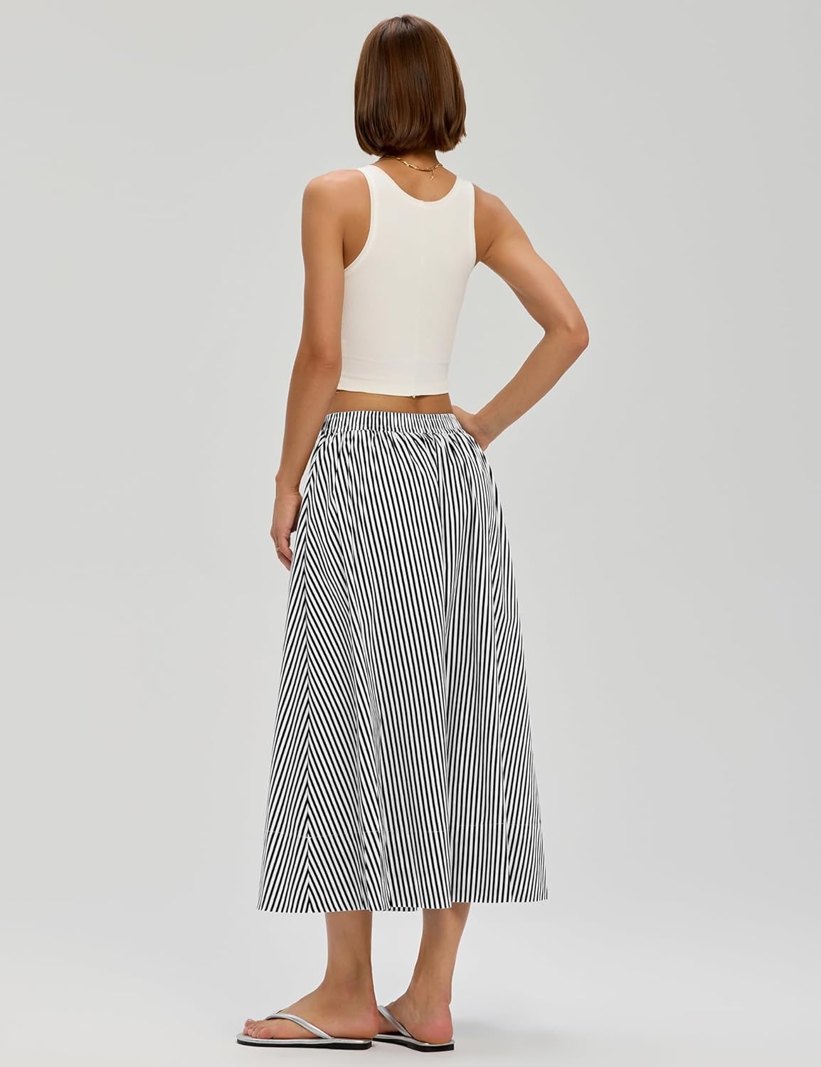 LOMON Midi Skirts for Women A-Line Cotton Flowy Maxi Skirt Boho Summer Beach Casual Elastic Waist Dress Outfit with Pockets - Image 3