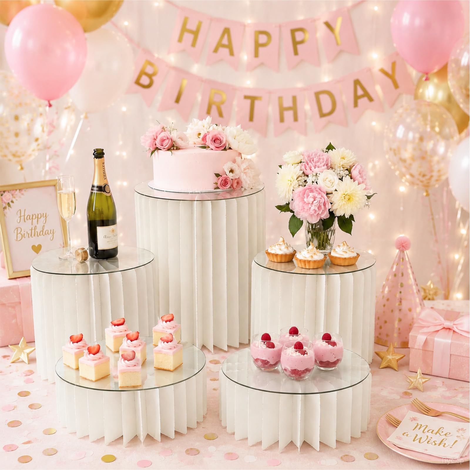 5 alzate pieghevoli per torte, alzate per buffet, espositore in cartone con piastre rotonde in acrilico, supporto per torte per matrimoni, compleanni, decorazioni per feste e buffet da