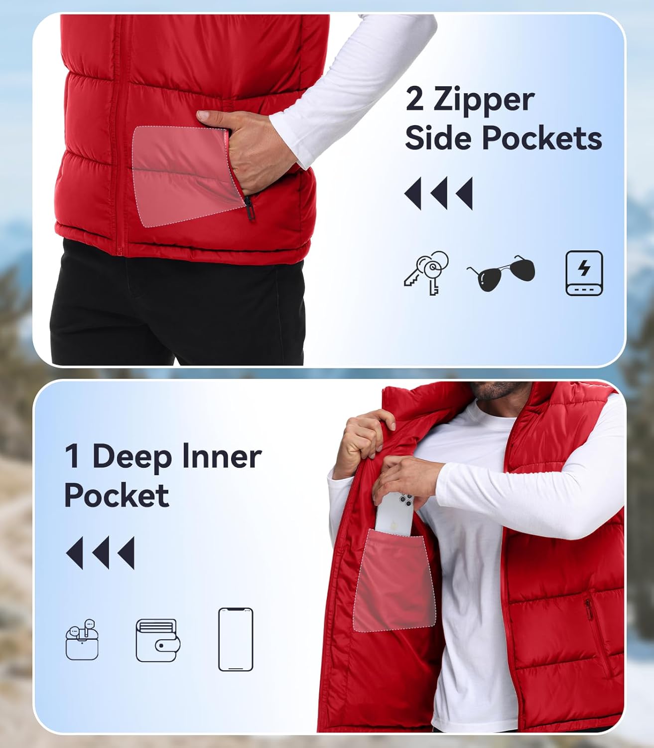 WHN Men's Puffer Vest Outerwear Winter Zipper Quilted Puffy Sleeveless Jacket Outdoor Size M to XXL - Image 4