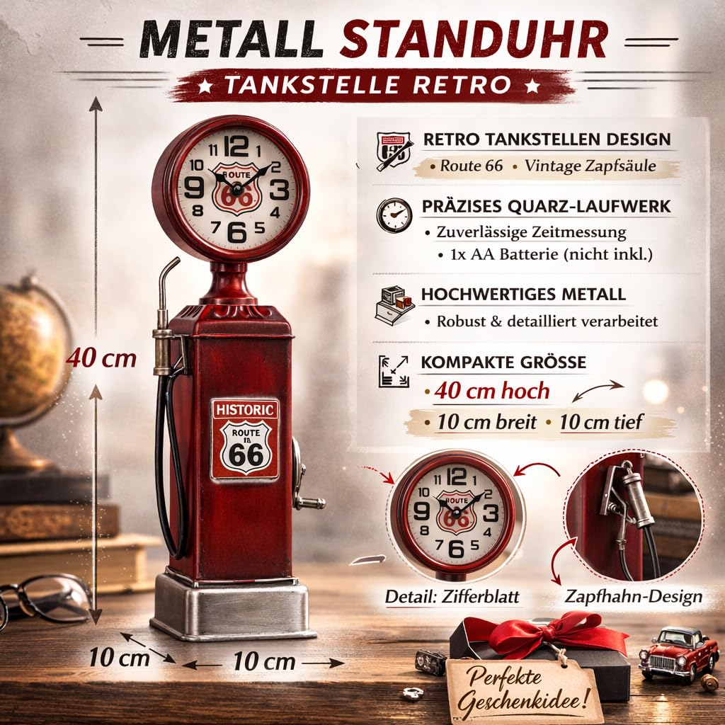 formano Metall Standuhr Tankstelle Retro Tischuhr 40 cm im Route 66 Design Quarz Laufwerk 1x AA Batterie, Vintage Deko Uhr für Wohnzimmer, Büro & Regal im Industrial Stil