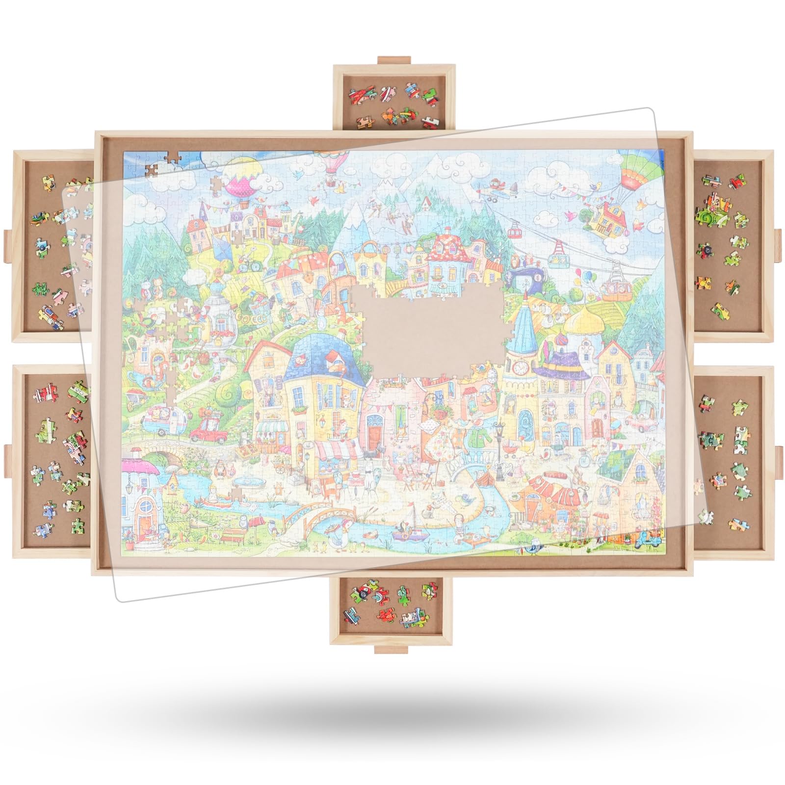1500-elementowa obrotowa układanka z 6 szufladami i pokrywą, przenośny drewniany stół do układanek,64x 87cm dla dorosłych, obrotowa układanka Lazy Susan, prezent świąteczny dla mamy