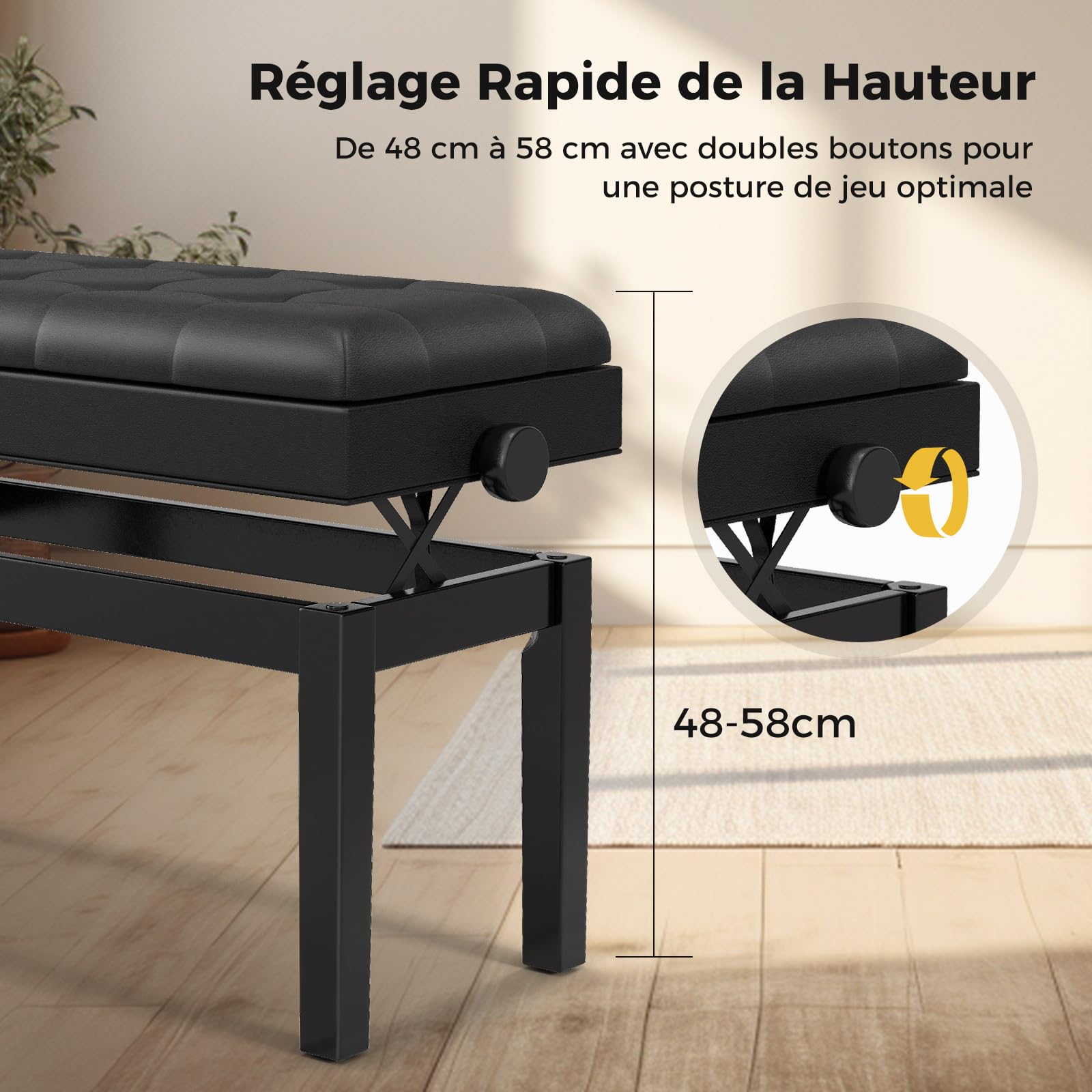 COSTWAY Tabouret Piano Réglable en Hauteur 48-58 cm, Banquette Piano avec Rangement, Siege Piano Double en Bois, Coussin Rembourré Imperméable, Banc de Piano, Charge Max. 200 kg, Noir