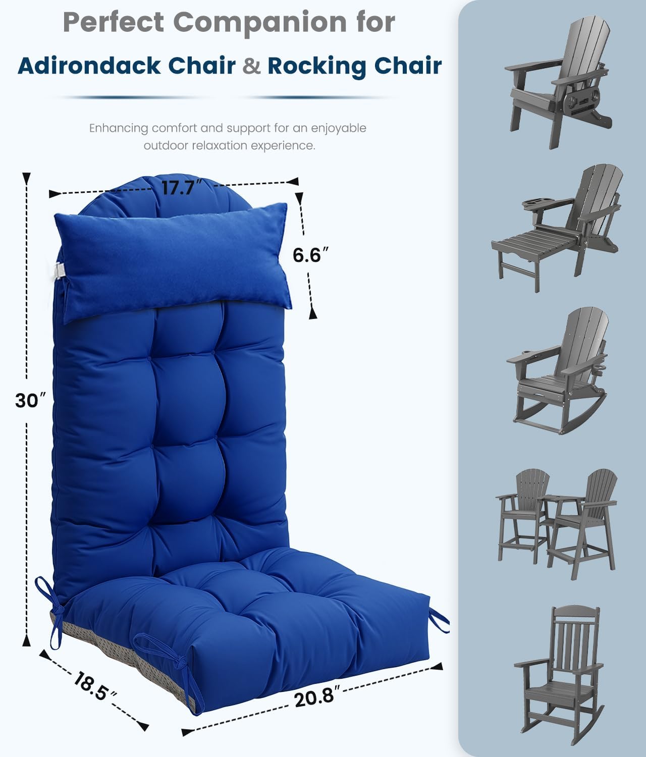 FOOWIN Adirondack Chair Cushion Set of 4, Thickened Rocking Chair Cushion,48.5×20.8×5.21 Inches,High Back Patio Cushions with Ties, Waterproof & UV-Protected, for Indoor and Outdoor,Navy Blue