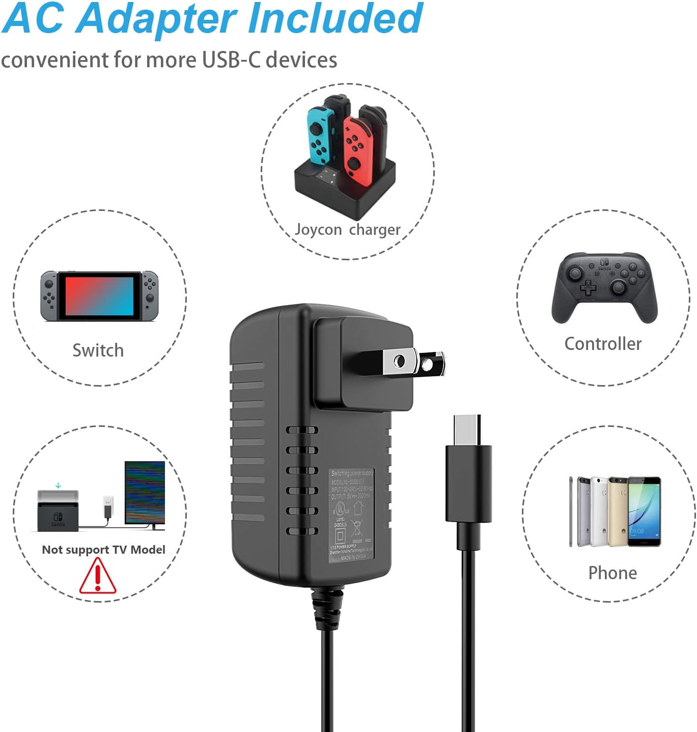 Charging Station Charger for Nintendo Switch Controller, 5 in 1 Fast Switch Joycon Charger Charging Station Dock Stand for Nintendo Switch with AC Adapter, LED Indicator and 5FT Type C Cable