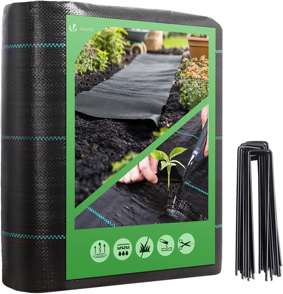 VOUNOT Weed Control Membrane 2m x 10m, with 30 Securing Pegs, Heavy Duty Weed Control Barrier Fabric, Landscape Ground Cover Suppressant Membrane for Garden, UV Stabilised