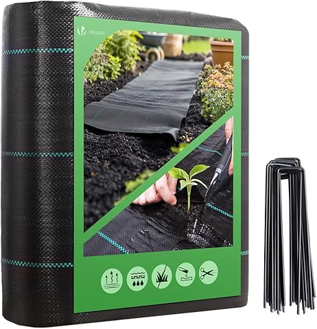 VOUNOT® Malla Antihierbas con 30 Clavijas de jardín, Tela Geotextil para Control de Maleza, 2 m x 10 m, 100 g/m2, Resistente a la Rotura y Estabilizada contra UV