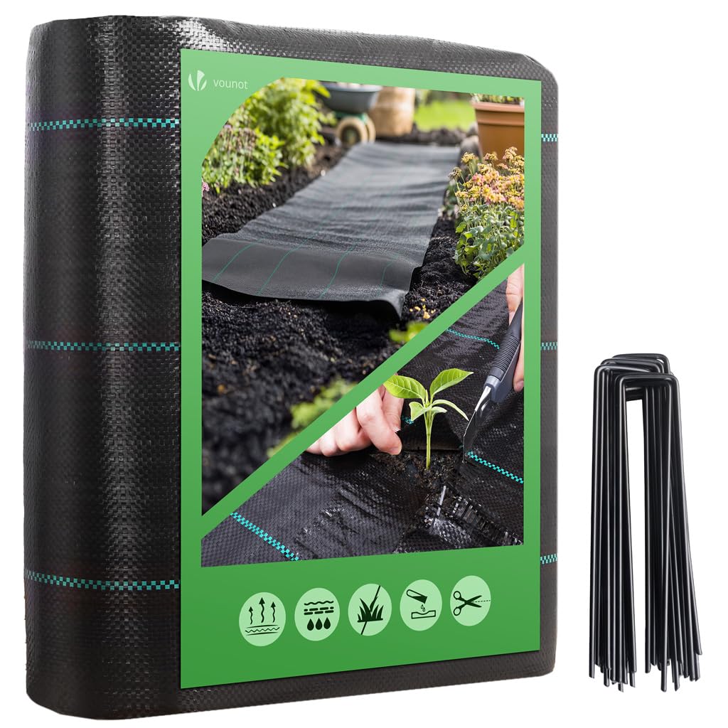 VOUNOT Weed Control Film with 30 Ground Anchors, 2 m x 10 m, Anti-Weed Fabric, Underbody Fabric, Ribbon Fabric, Water Permeable and Tear-Resistant, UV Stable 100 g/m²