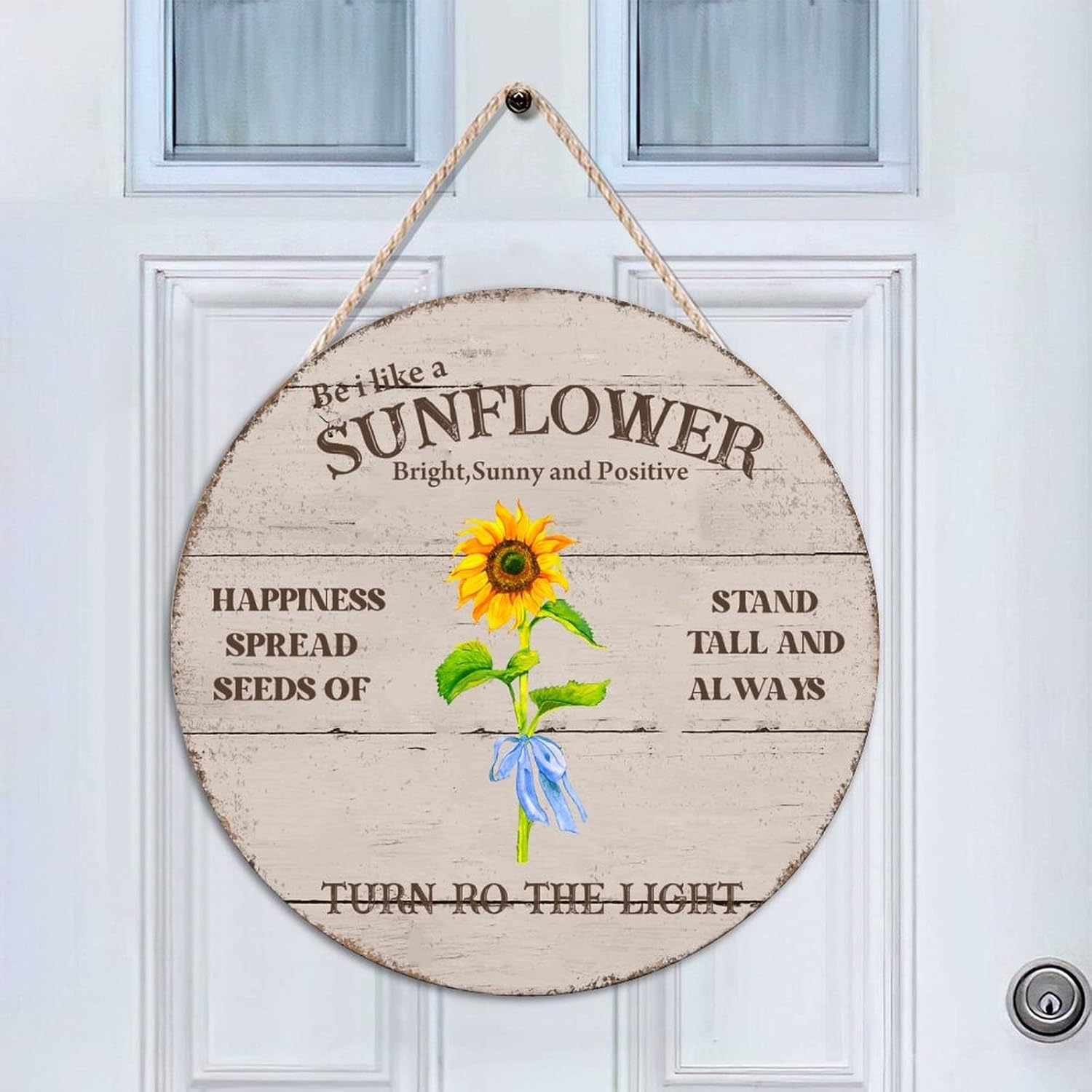 Sunflower Front Door Sign, Happiness Wood Door Sign, 16x16in Retro Wall Door Hanging Sign for Front Door Farmhouse Porch Housewarming Gifts